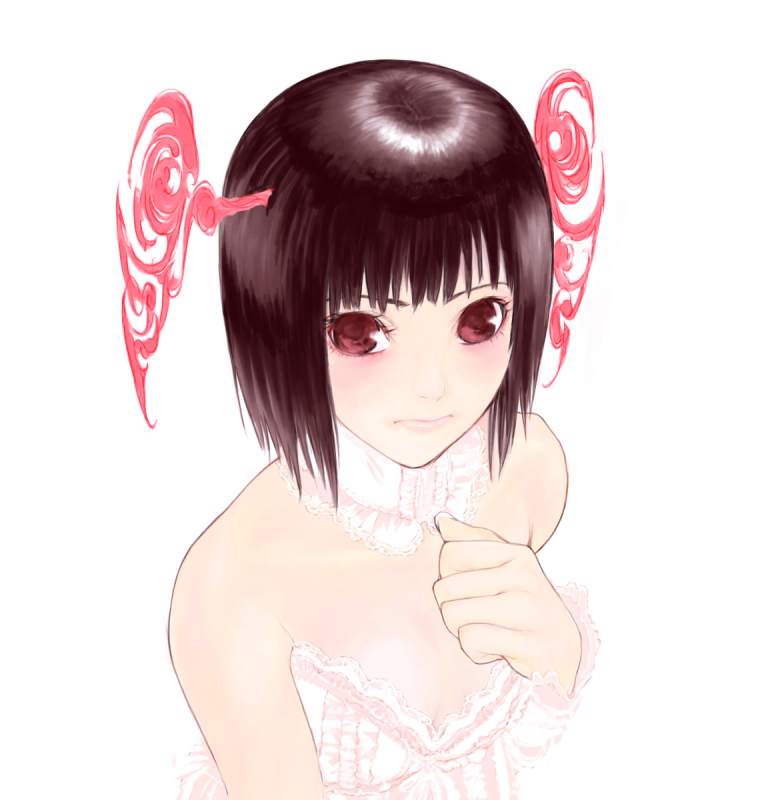 es (cah60700), original, 1girl, blush, brown hair, female focus, flat chest, lingerie, red eyes, short hair, simple background, solo, underwear, upper body, white background