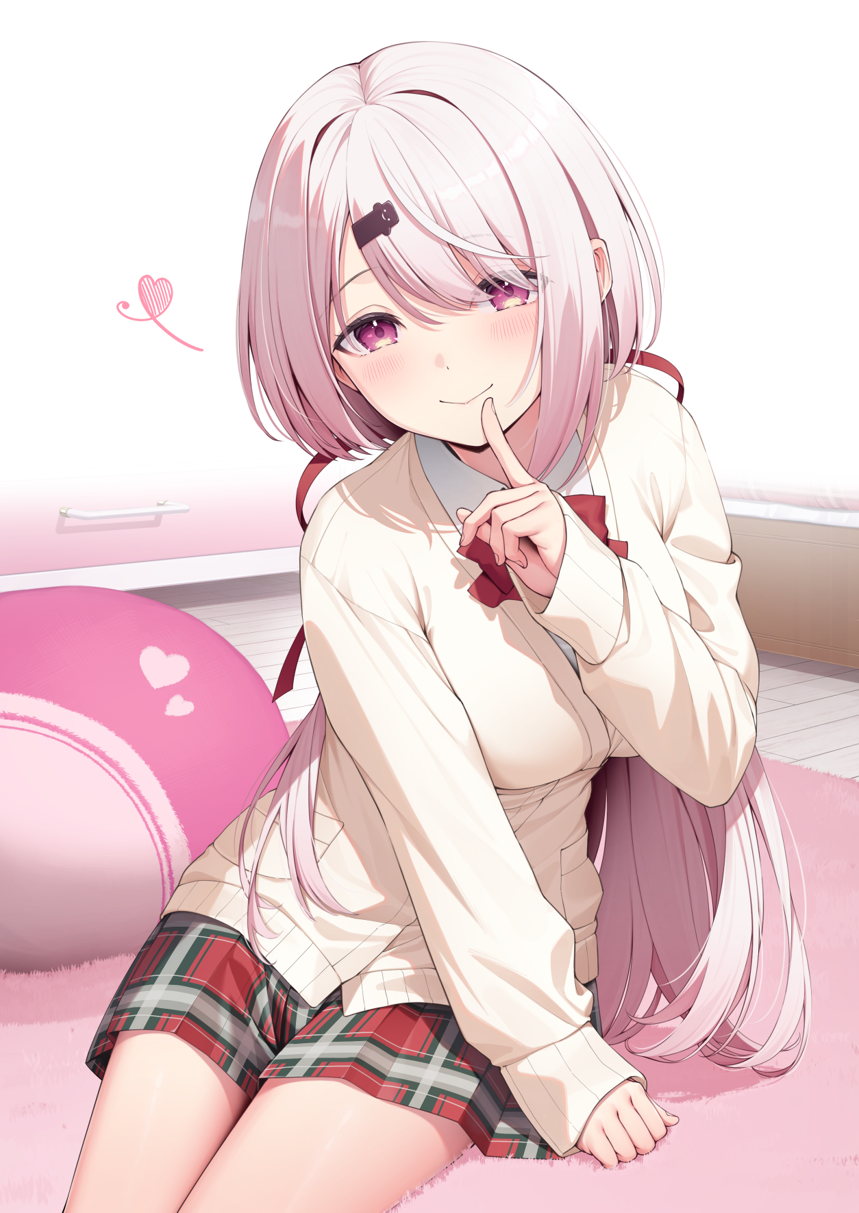 yuuri nayuta, shiina yuika, shiina yuika (1st costume), nijisanji, highres, 1girl, bow, bowtie, breasts, closed mouth, finger to mouth, hair ornament, hair ribbon, hairclip, heart, index finger raised, long hair, looking at viewer, medium breasts, pink eyes, pink hair, plaid clothes, plaid skirt, red bow, red bowtie, red ribbon, red skirt, ribbon, school uniform, shushing, skirt, smile, solo, thighs, virtual youtuber