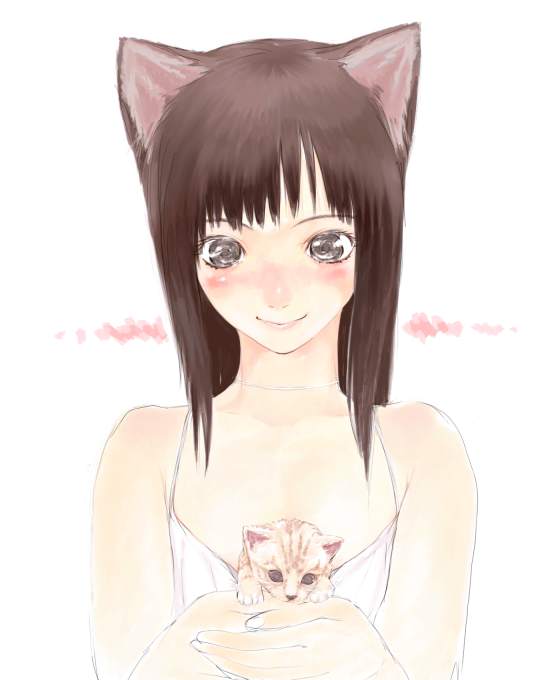 es (cah60700), original, 1girl, animal ears, blush, brown eyes, brown hair, camisole, cat, cat ears, female focus, flat chest, long hair, simple background, smile, solo, straight-on, upper body, white background