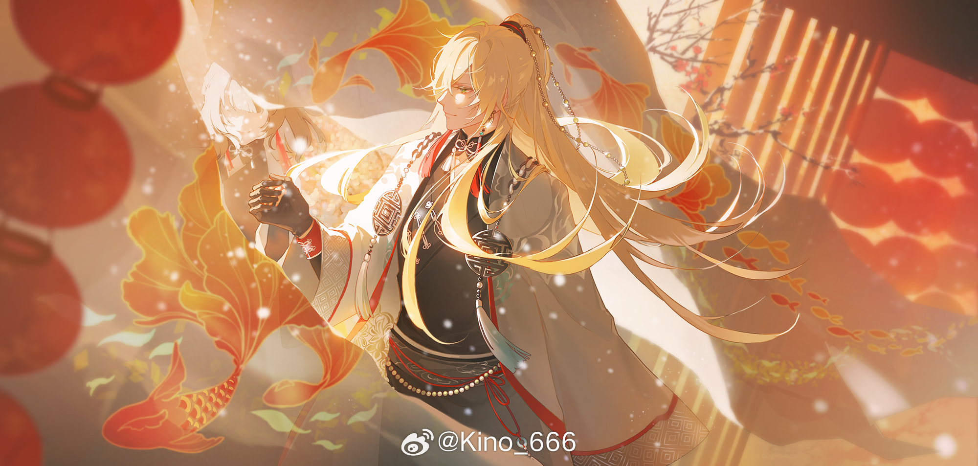 kino 666, alkaid mcgrath, heroine (lovebrush chronicles), lovebrush chronicles, chinese commentary, highres, 1boy, 1girl, animal print, bead belt, beads, black gloves, black robe, black sash, blonde hair, blunt bangs, blurry, branch, changpao, chinese clothes, closed mouth, coat, collarbone, cowboy shot, curtains, depth of field, dutch angle, earrings, faceless, faceless female, fish print, flower, gloves, goldfish print, green eyes, hair beads, hair between eyes, hair ornament, high ponytail, holding hands, indoors, jewelry, lantern, light particles, long hair, long sleeves, looking at another, looking to the side, male focus, neck tassel, official alternate costume, open clothes, open coat, paper lantern, plum blossoms, ponytail, red flower, red ribbon, ribbon, robe, sash, see-through curtains, smile, solo focus, sunlight, tassel, tassel earrings, waist sash, watermark, weibo watermark, white coat, wide ponytail, wide sleeves, wind