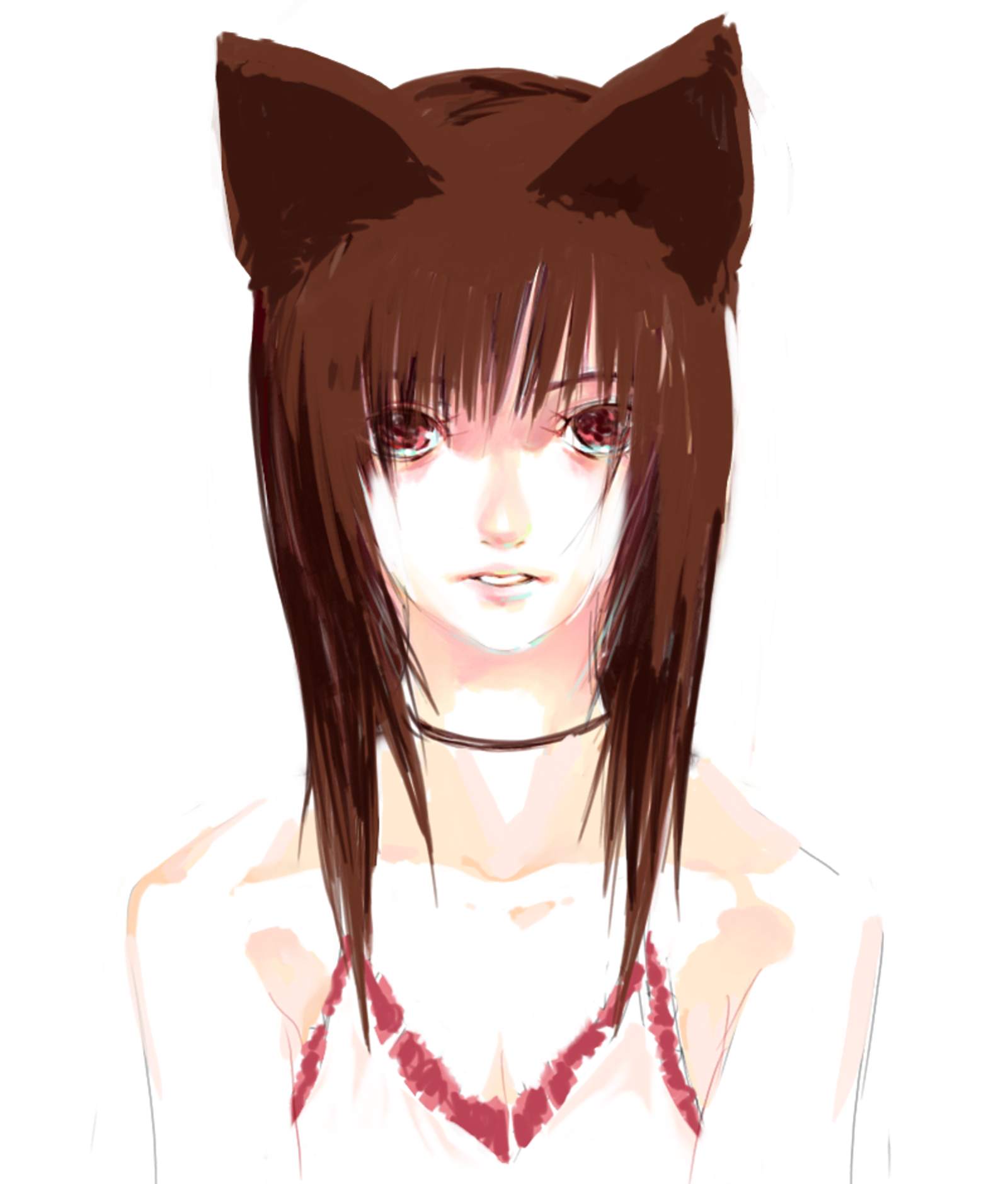 es (cah60700), original, highres, 1girl, animal ears, brown hair, female focus, long hair, red eyes, simple background, solo, straight-on, upper body, white background