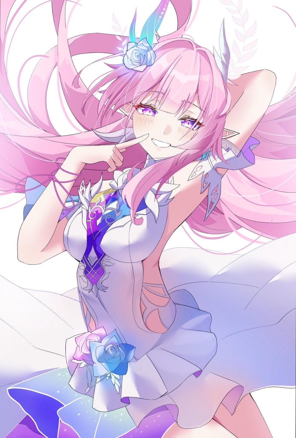 gaohuang43450, cyrene (honkai: star rail), cyrene (ripples of past reverie) (honkai: star rail), honkai: star rail, honkai (series), commentary, highres, 1girl, breasts, clothing cutout, diamond-shaped pupils, diamond (shape), dress, flower, hair flower, hair ornament, halo, large breasts, long hair, looking at viewer, pink hair, pointing, pointing at self, pointy ears, purple eyes, side cutout, simple background, solo, symbol-shaped pupils, thighs, very long hair, white background, white dress