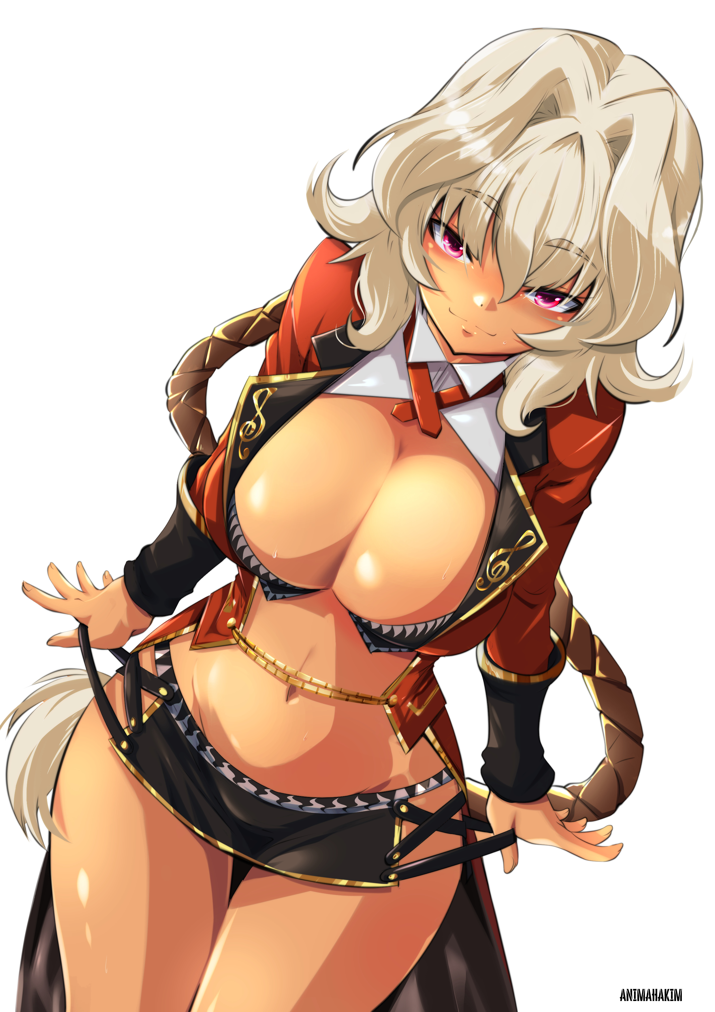 animahakim, original, absurdres, highres, 1girl, alternate breast size (larger), arms at sides, artist name, braid, breasts, cleavage, closed mouth, collared shirt, cowboy shot, criss-cross straps, cross-laced clothes, curtained hair, dot nose, dutch angle, gold trim, hair between eyes, jacket, large breasts, long hair, long sleeves, looking at viewer, medium hair, microskirt, navel, open clothes, open jacket, parted bangs, pink eyes, red sleeves, shadow, shirt, skirt, smile, sweat, thick eyebrows, thigh gap, thighs, v-shaped eyebrows, very long hair, white hair