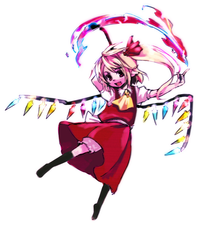 takishima asaka, flandre scarlet, touhou, 1girl, blonde hair, fang, female focus, hair ribbon, magic, no headwear, open mouth, red eyes, ribbon, short hair, side ponytail, smile, solo, wings