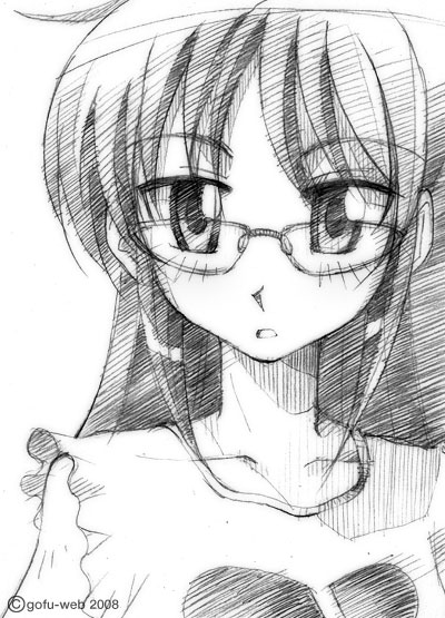 gofu, kijima saki, hayate no gotoku!, traditional media, 00s, glasses, greyscale, long hair, monochrome, sketch, solo
