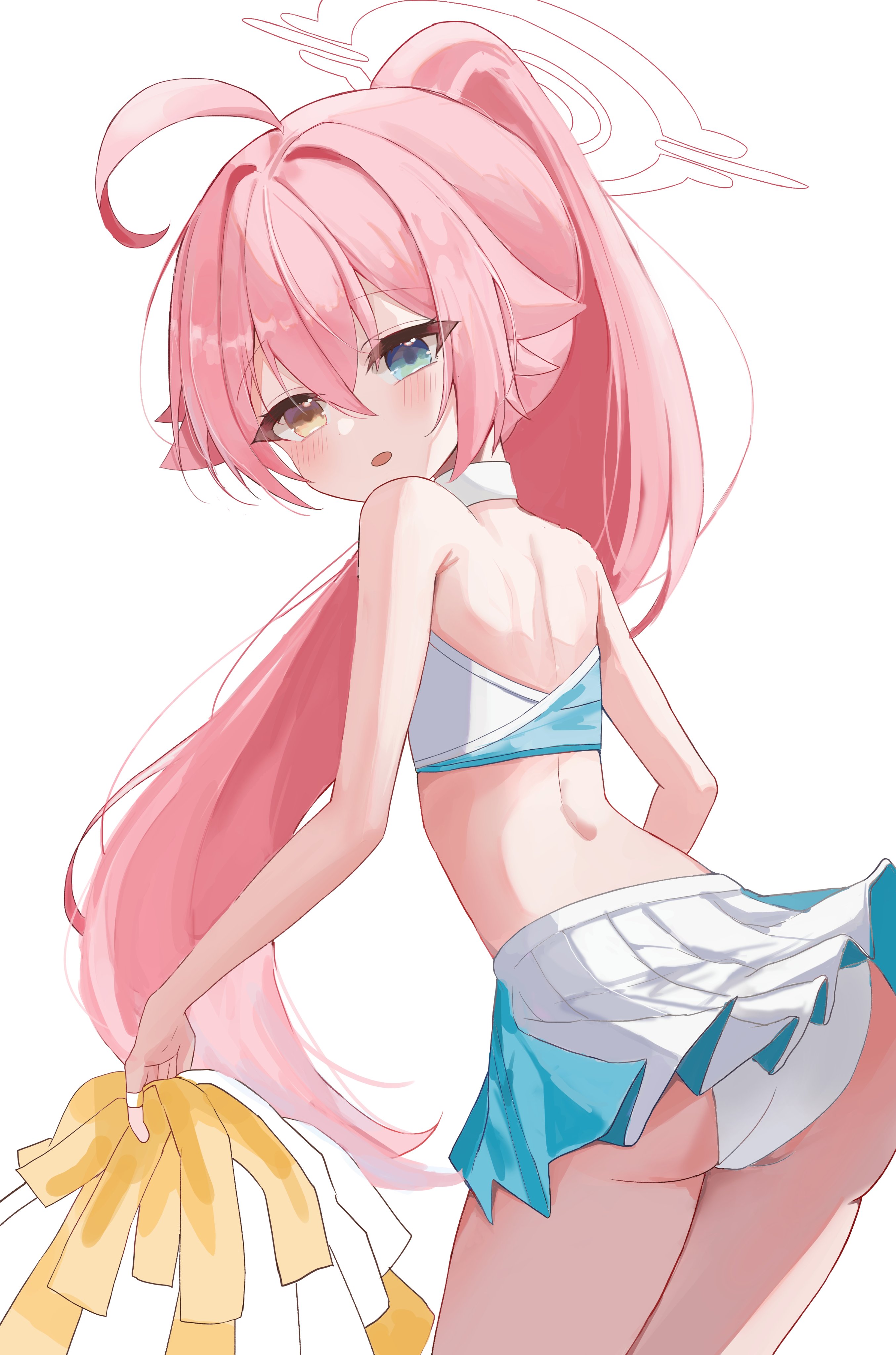 chii (k ung), hoshino (blue archive), blue archive, absurdres, highres, 1girl, ahoge, alternate costume, ass, back, bare back, blue eyes, blush, cheerleader, from behind, hair between eyes, halo, heterochromia, holding, holding pom poms, long hair, looking at viewer, looking back, millennium cheerleader outfit (blue archive), open mouth, panties, pink hair, pink halo, pleated skirt, pom pom (cheerleading), pom poms, ponytail, simple background, skirt, solo, underwear, very long hair, white background, white panties, white skirt, yellow eyes