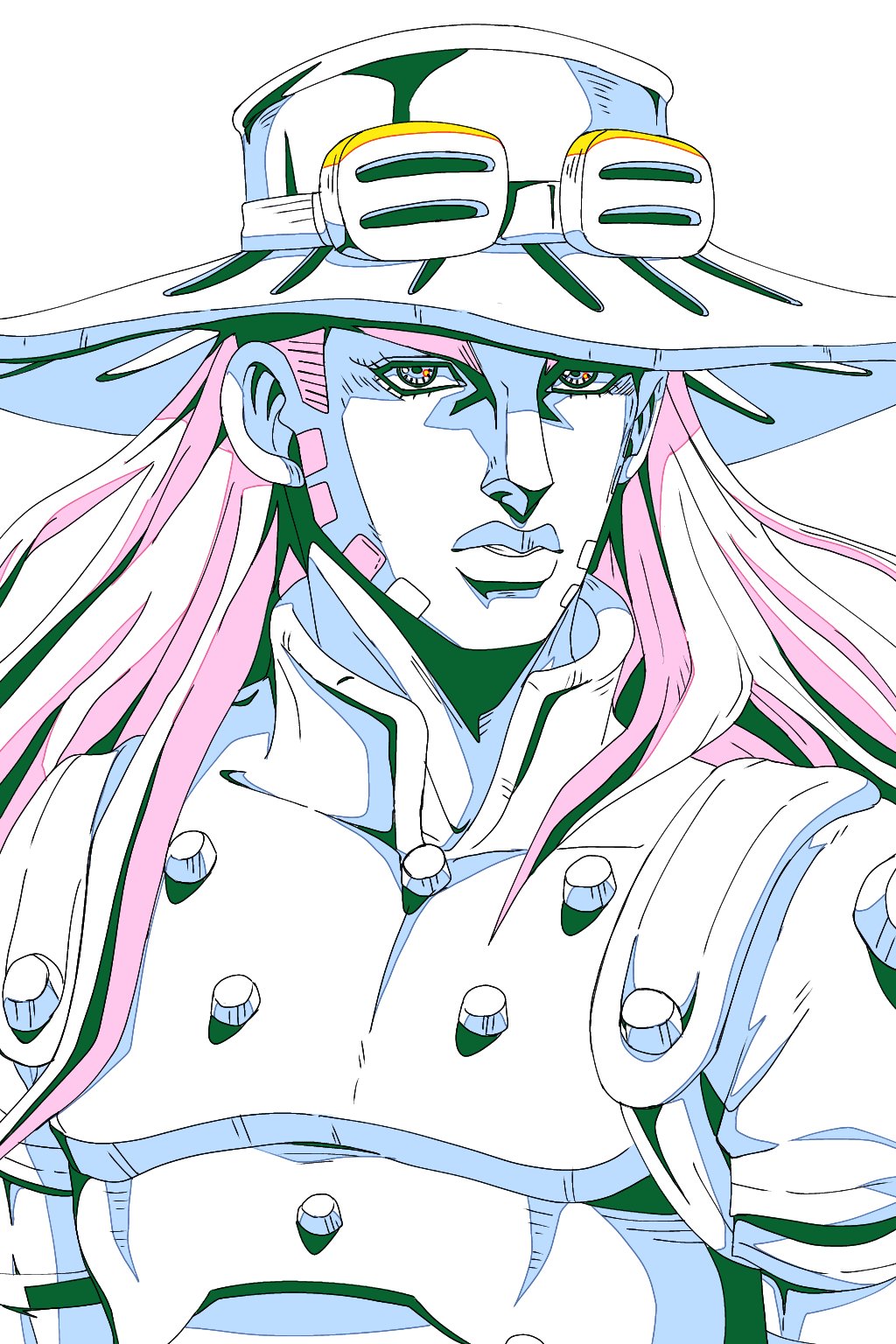 gyro zeppeli, jojo no kimyou na bouken, steel ball run, highres, 1boy, araki hirohiko (style), beard, cowboy hat, facial hair, goggles, goggles on headwear, hat, high collar, jojomelhoranim, key frame, limited palette, long hair, male focus, official style, parted lips, pink hair, shirt, solo, upper body