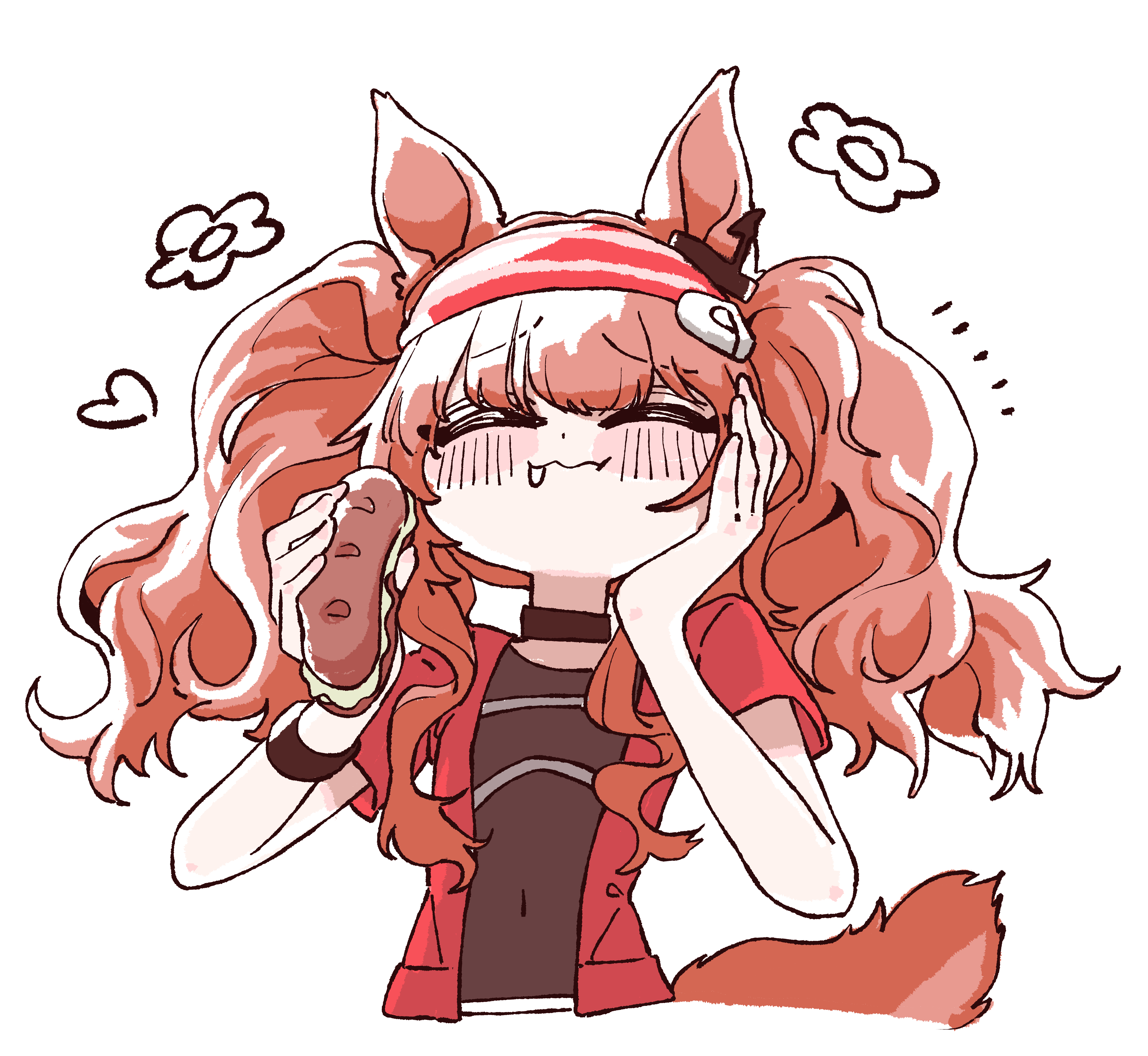 goldentissue1, angelina (arknights), arknights, absurdres, commentary request, highres, korean commentary, 1girl, animal ear fluff, animal ears, black choker, black shirt, blush, blush stickers, bracelet, brown hair, choker, closed eyes, covered navel, cropped torso, deformed, earpiece, eating, food, fox ears, fox girl, fox tail, hairband, hand on own face, jacket, jewelry, long hair, looking at viewer, open clothes, open jacket, red hairband, red jacket, sandwich, shirt, simple background, solo, striped clothes, striped hairband, tail, twintails, two-tone hairband, upper body, white background