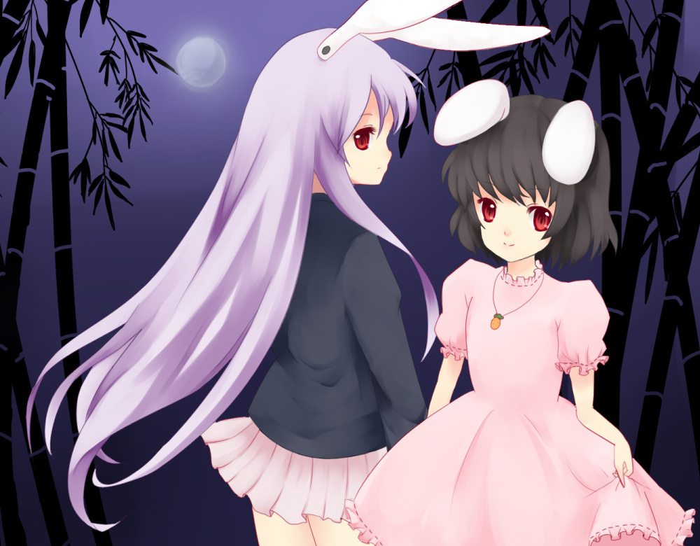 shigu, inaba tewi, reisen udongein inaba, touhou, bad id, bad pixiv id, 2girls, animal ears, black hair, female focus, long hair, multiple girls, outdoors, plant, purple hair, rabbit ears, short hair, sky, standing