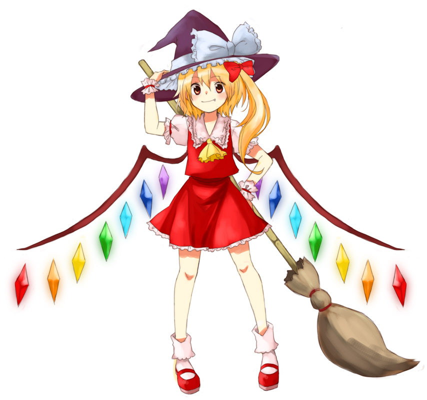 miya (tsumazukanai), flandre scarlet, touhou, bad id, bad pixiv id, 1girl, black hat, blonde hair, borrowed clothes, bow, broom, fang, fang out, female focus, full body, hair bow, hand on headwear, hand on own hip, hat, headwear switch, hip focus, legs apart, mary janes, one side up, orange eyes, ponytail, ribbon, shoes, short hair, side ponytail, simple background, smile, socks, solo, standing, white background, white socks, wings, witch hat, wrist cuffs