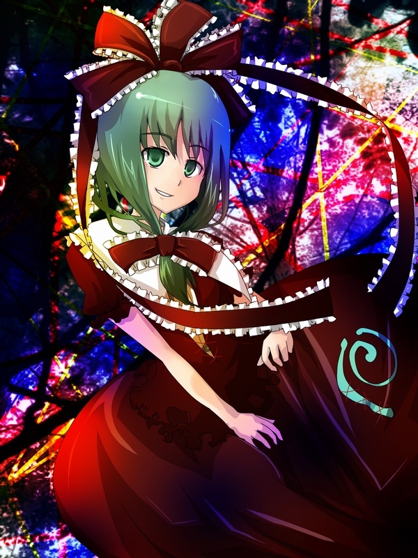 tun.exe (mosamosa-siteru), kagiyama hina, touhou, bad id, bad pixiv id, 1girl, bad anatomy, female focus, front ponytail, green hair, long hair, poorly drawn, ribbon, solo