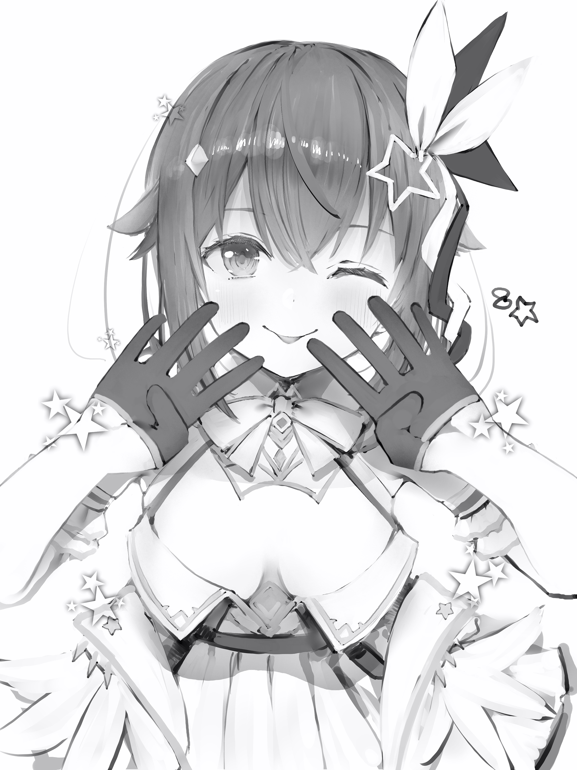 nanashi (nlo), tokino sora, hololive, absurdres, highres, 1girl, blush, breasts, closed mouth, gloves, greyscale, hair flaps, hair ornament, hands up, long hair, looking at viewer, monochrome, one eye closed, simple background, smile, solo, star (symbol), star hair ornament, upper body, virtual youtuber, white background