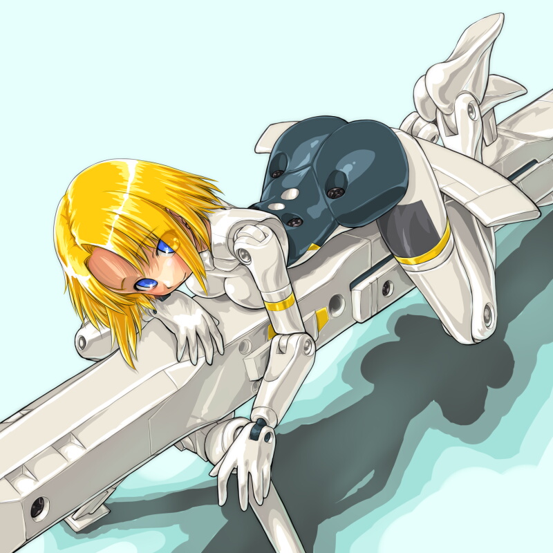 dd (ijigendd), arnval, busou shinki, bad id, bad pixiv id, 10s, ass, blonde hair, blue eyes, doll joints, joints, mecha musume, short hair, solo