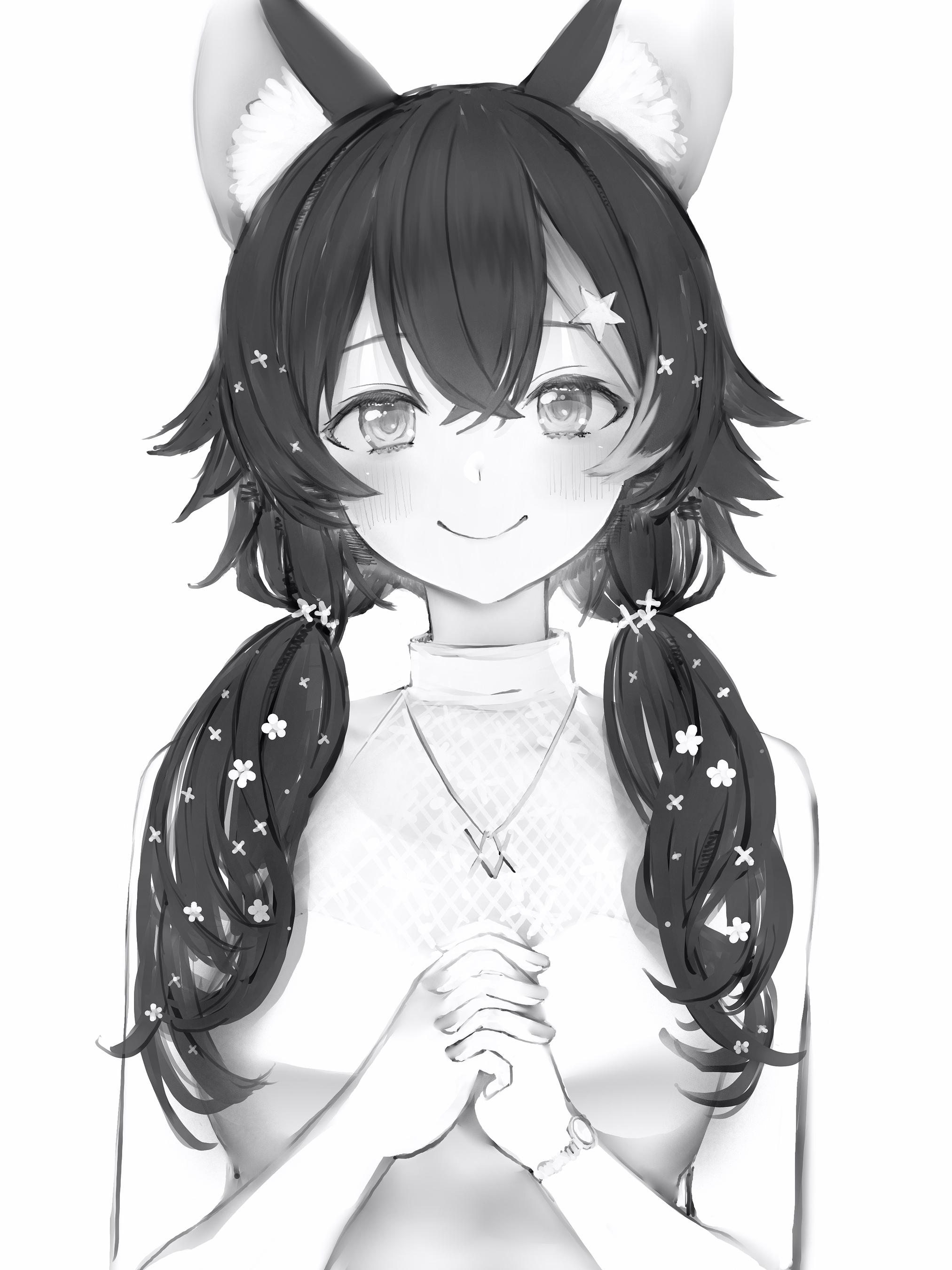 nanashi (nlo), ookami mio, hololive, absurdres, highres, 1girl, animal ears, blush, closed mouth, greyscale, hair between eyes, hair ornament, jewelry, long hair, looking at viewer, monochrome, necklace, own hands together, simple background, sleeveless, smile, solo, twintails, upper body, virtual youtuber, white background, wolf ears