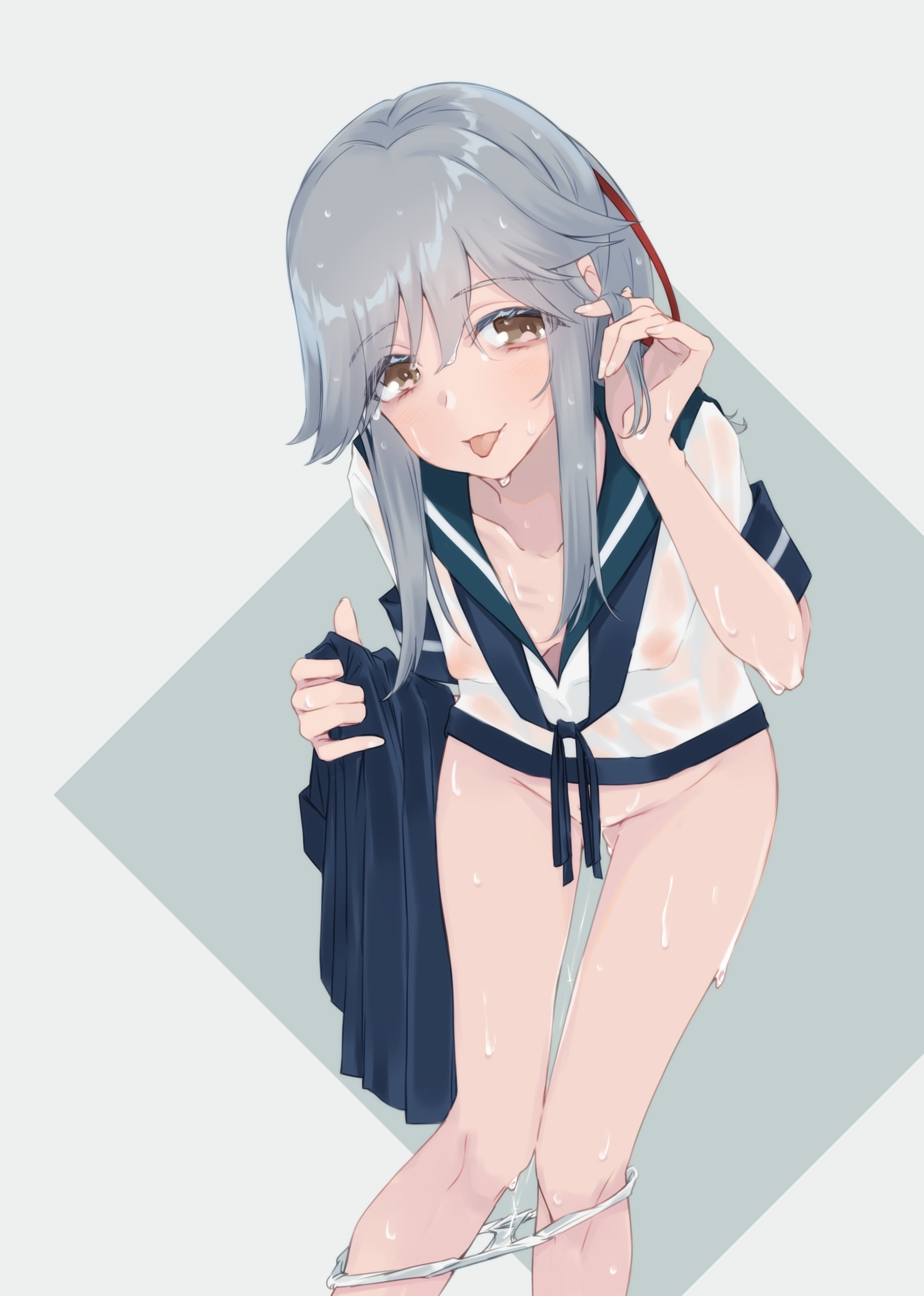 alakoala, usugumo (kancolle), kantai collection, absurdres, commentary request, highres, adjusting hair, alternate breast size (larger), blue neckerchief, blue skirt, blush, breasts, brown eyes, collarbone, convenient ribbon, covered erect nipples, double-parted bangs, gluteal fold, green sailor collar, grey background, grey hair, hair between eyes, hand up, holding, holding unworn clothes, holding unworn skirt, leaning forward, long hair, looking at viewer, medium breasts, neckerchief, panties, panty pull, pleated skirt, ponytail, pussy, sailor collar, see-through clothes, shirt, short sleeves, sidelocks, simple background, skirt, thigh gap, tongue, tongue out, underwear, unworn skirt, wet, wet clothes, white shirt