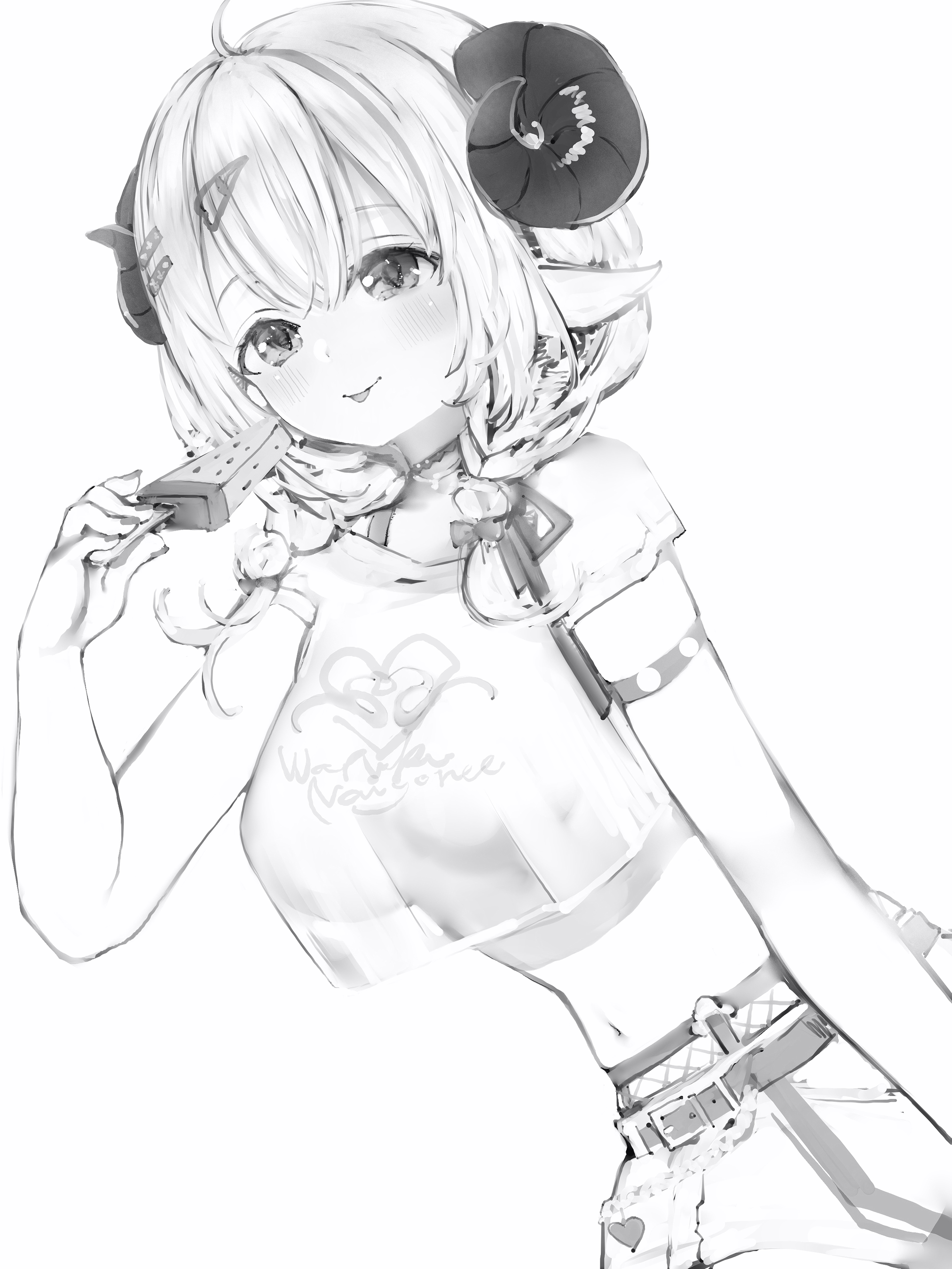 nanashi (nlo), tsunomaki watame, hololive, absurdres, highres, 1girl, :p, ahoge, animal ears, belt, blush, braid, breasts, crop top, cup, curled horns, greyscale, hair ornament, hairclip, holding, holding cup, horns, looking at viewer, midriff, monochrome, navel, sheep ears, sheep girl, sheep horns, simple background, smile, solo, tongue, tongue out, virtual youtuber, white background