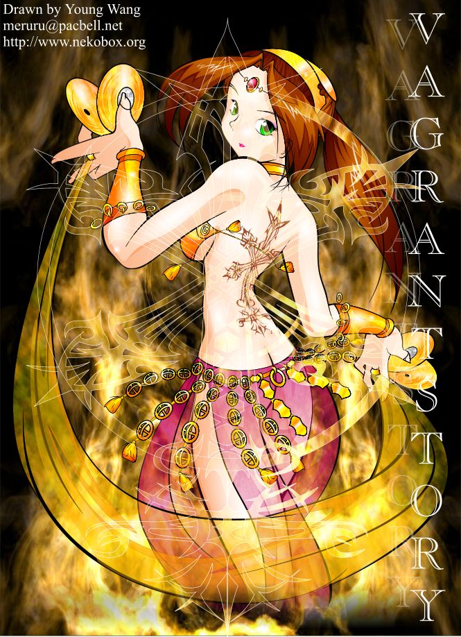 young wang, mullenkamp, vagrant story, 1girl, ass, belt, breasts, brown hair, choker, dancing, female focus, green eyes, gypsy, headband, instrument, large breasts, long hair, solo, tattoo