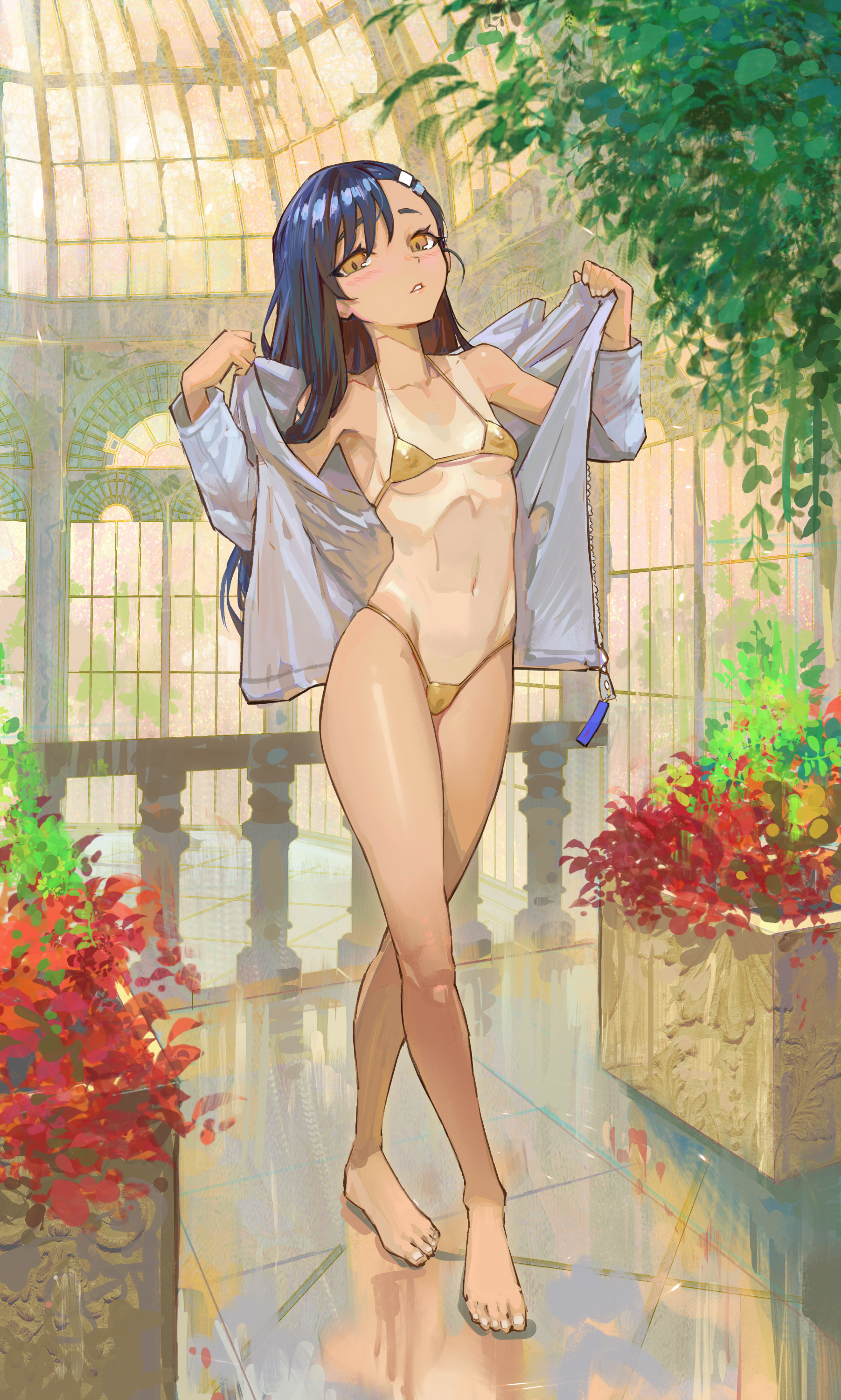 yugen99, nagatoro hayase, ijiranaide nagatoro-san, absurdres, highres, 1girl, bare shoulders, bikini, black hair, breasts, collarbone, covered erect nipples, gold bikini, jacket, long hair, looking at viewer, small breasts, solo, standing, stomach, swimsuit, very long hair, yellow eyes
