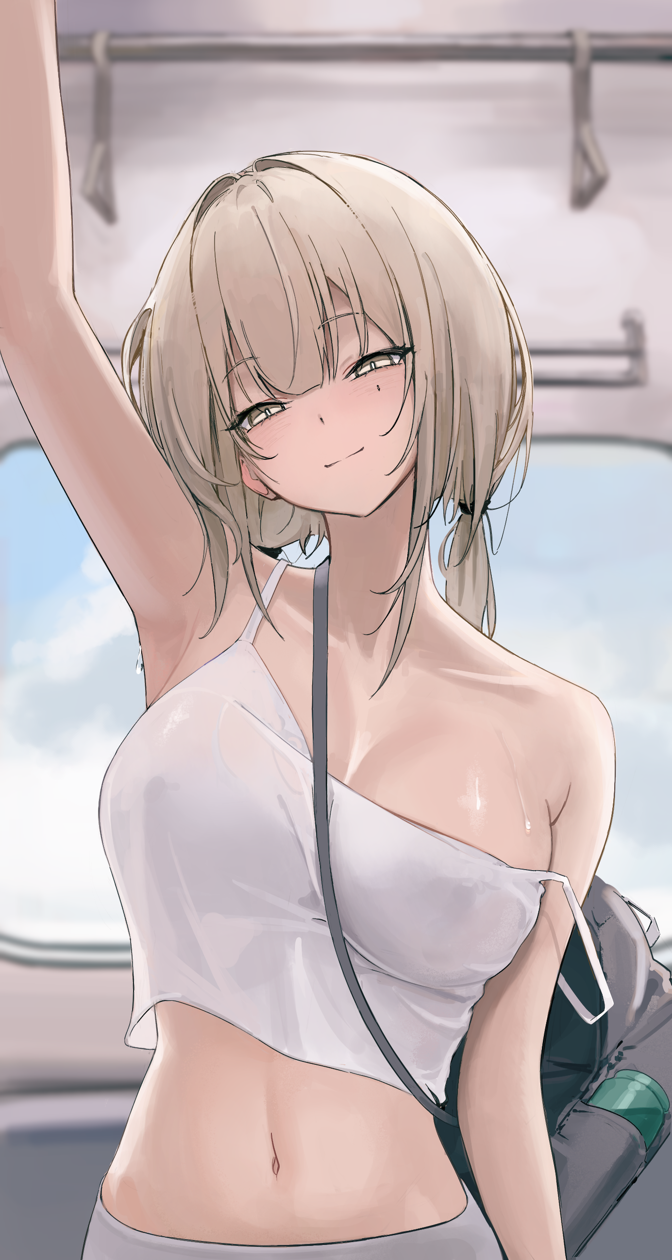 laneigu, yuzu (laneigu), original, absurdres, highres, 1girl, arm up, armpits, bag, bare arms, bare shoulders, blonde hair, blurry, blurry background, breasts, camisole, cleavage, closed mouth, crop top, head tilt, large breasts, long hair, looking at viewer, low twintails, midriff, mole, mole under eye, navel, see-through silhouette, shirt, shoulder bag, sleeveless, sleeveless shirt, smile, solo, spaghetti strap, stomach, strap slip, sweat, twintails, upper body, white shirt, yellow eyes