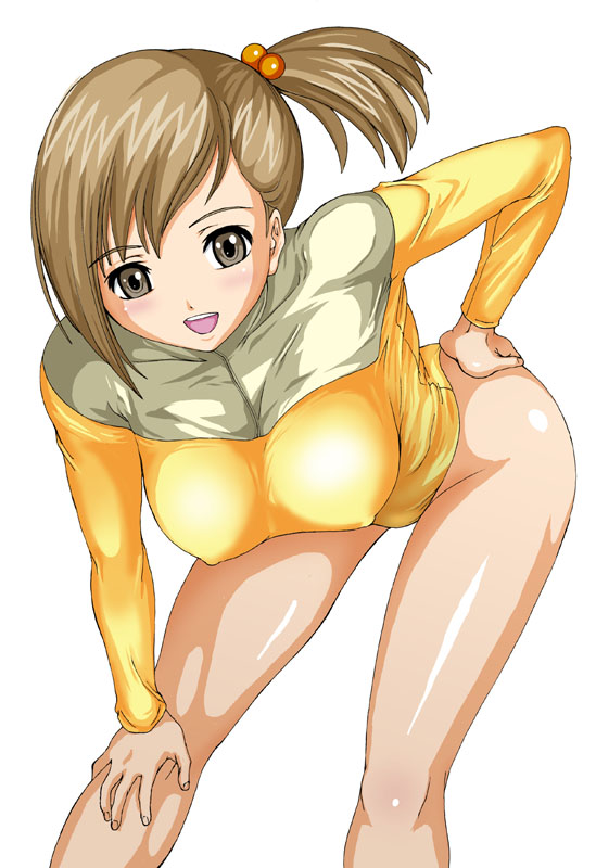 111, hyaku juuichi, bad id, bad pixiv id, 1girl, breasts, brown eyes, brown hair, covered erect nipples, female focus, gym uniform, gymnastics, hair bobbles, hair ornament, hairclip, large breasts, leotard, short hair, smile, solo