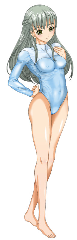 111, hyaku juuichi, silver hair, bad id, bad pixiv id, long image, tall image, 1girl, barefoot, breasts, covered erect nipples, female focus, full body, green eyes, gym uniform, gymnastics, leotard, medium breasts, solo, standing, white background