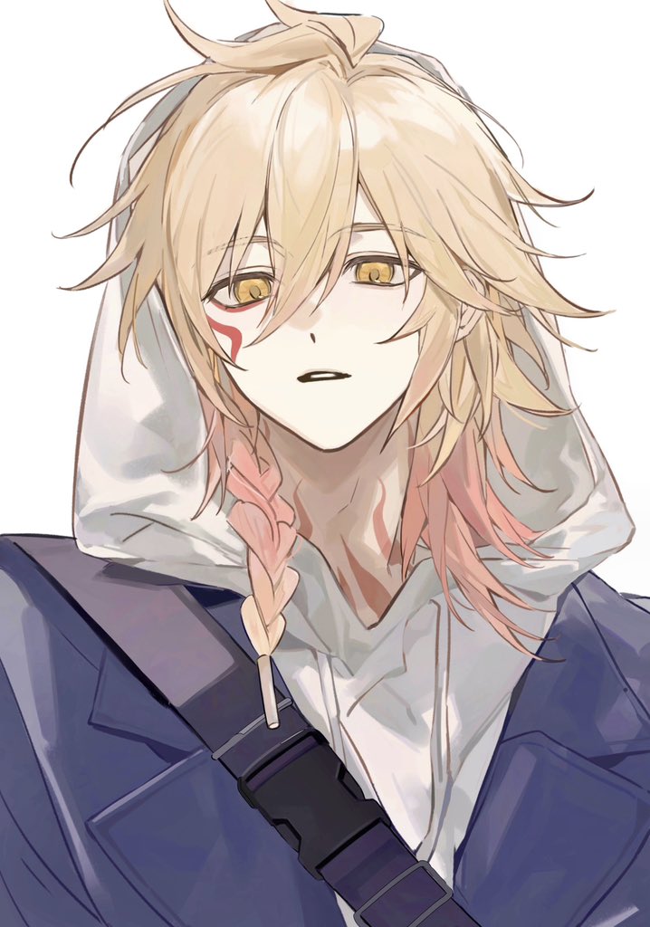 nonoiaza, mydei (honkai: star rail), honkai: star rail, honkai (series), 1boy, black jacket, blonde hair, braid, facial tattoo, gradient hair, hood, hood up, hoodie, jacket, looking at viewer, male focus, medium hair, multicolored hair, neck tattoo, red hair, side braid, simple background, solo, tattoo, upper body, white background, white hoodie, yellow eyes