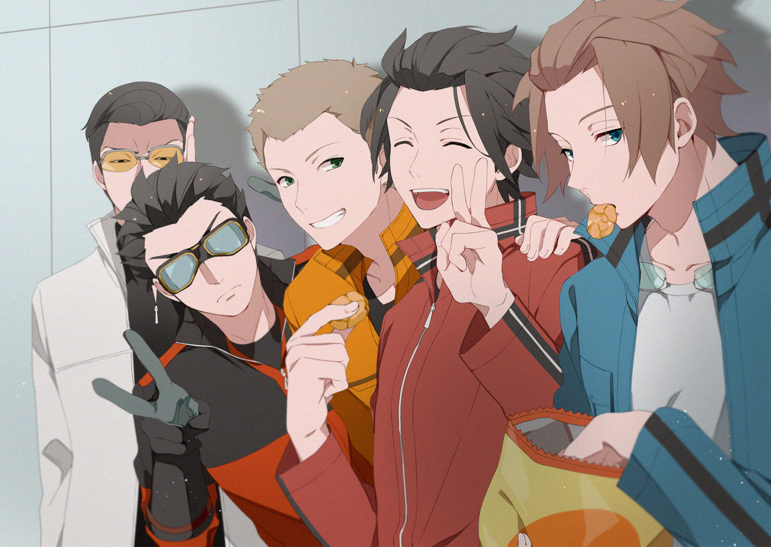 yawai tofu, arashiyama jun, ikoma tatsuhito, jin yuuichi, kakizaki kuniharu, yuba takuma, world trigger, 5boys, arashiyama squad's uniform, eating, food, ikoma squad's uniform, kakizaki squad's uniform, laughing, looking to the side, multiple boys, senbei, smile, unworn eyewear, v, yuba squad's uniform