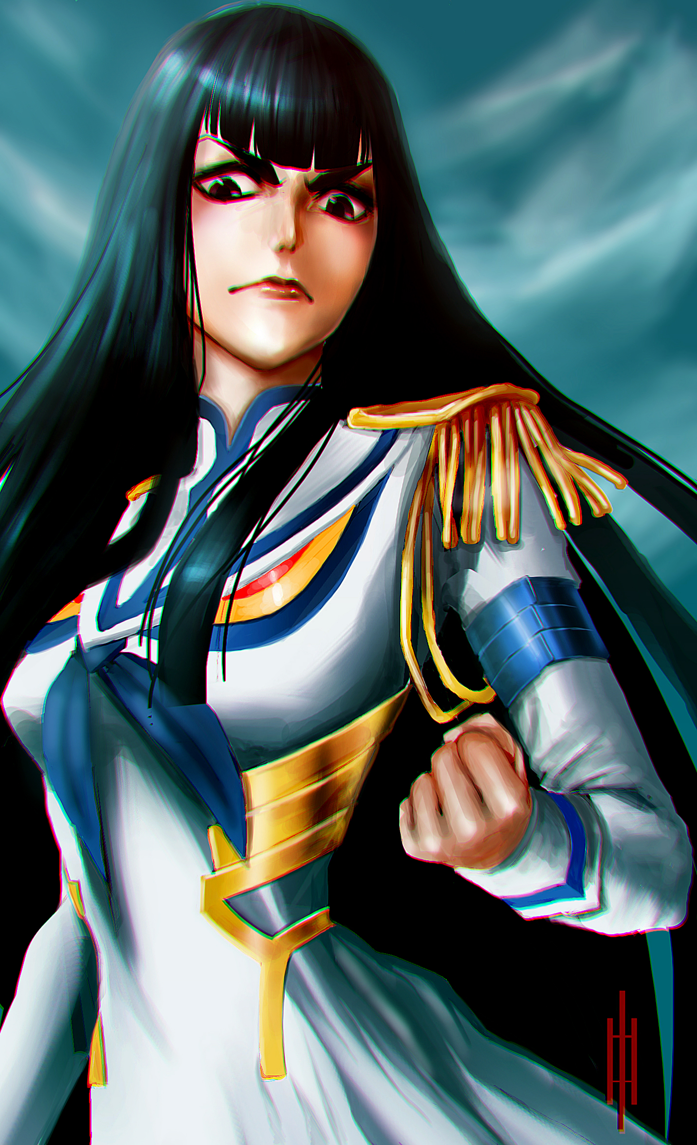 sozomaika, junketsu, kiryuuin satsuki, kill la kill, highres, third-party source, 1girl, angry, artist logo, black eyes, black hair, blue sky, blunt bangs, breasts, chromatic aberration, clenched hand, closed mouth, cowboy shot, dress, eyelashes, frown, lips, logo, long hair, looking down, medium breasts, nose, outdoors, sidelocks, sky, solo, thick eyebrows, very long hair, white dress