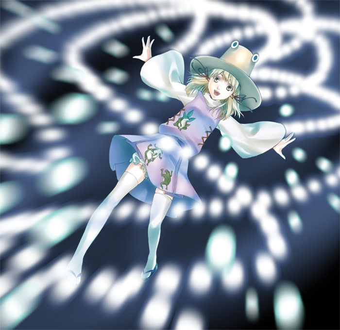 kyuu umi, moriya suwako, touhou, bad id, bad pixiv id, 1girl, blonde hair, danmaku, female focus, from below, hat, legs, open mouth, outstretched arms, ribbon, sandals, short hair, smile, solo, spread arms, thighhighs, white thighhighs, wide sleeves, zouri