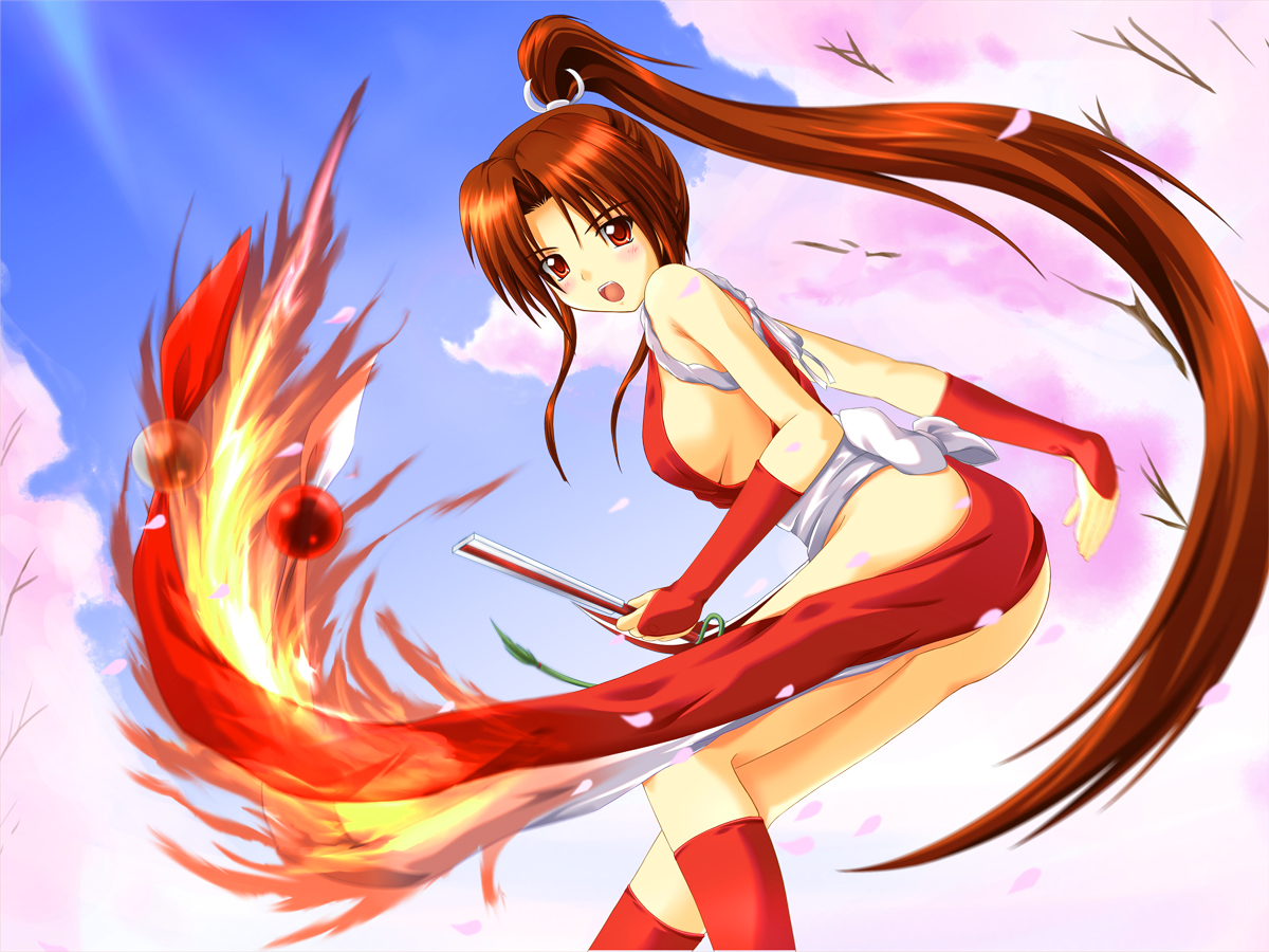 koni, shiranui mai, fatal fury, snk, the king of fighters, 1girl, ass, aura, breasts, brown eyes, brown hair, cherry blossoms, female focus, folded fan, folding fan, hair ornament, hairclip, hand fan, long hair, pelvic curtain, sideboob, socks, solo