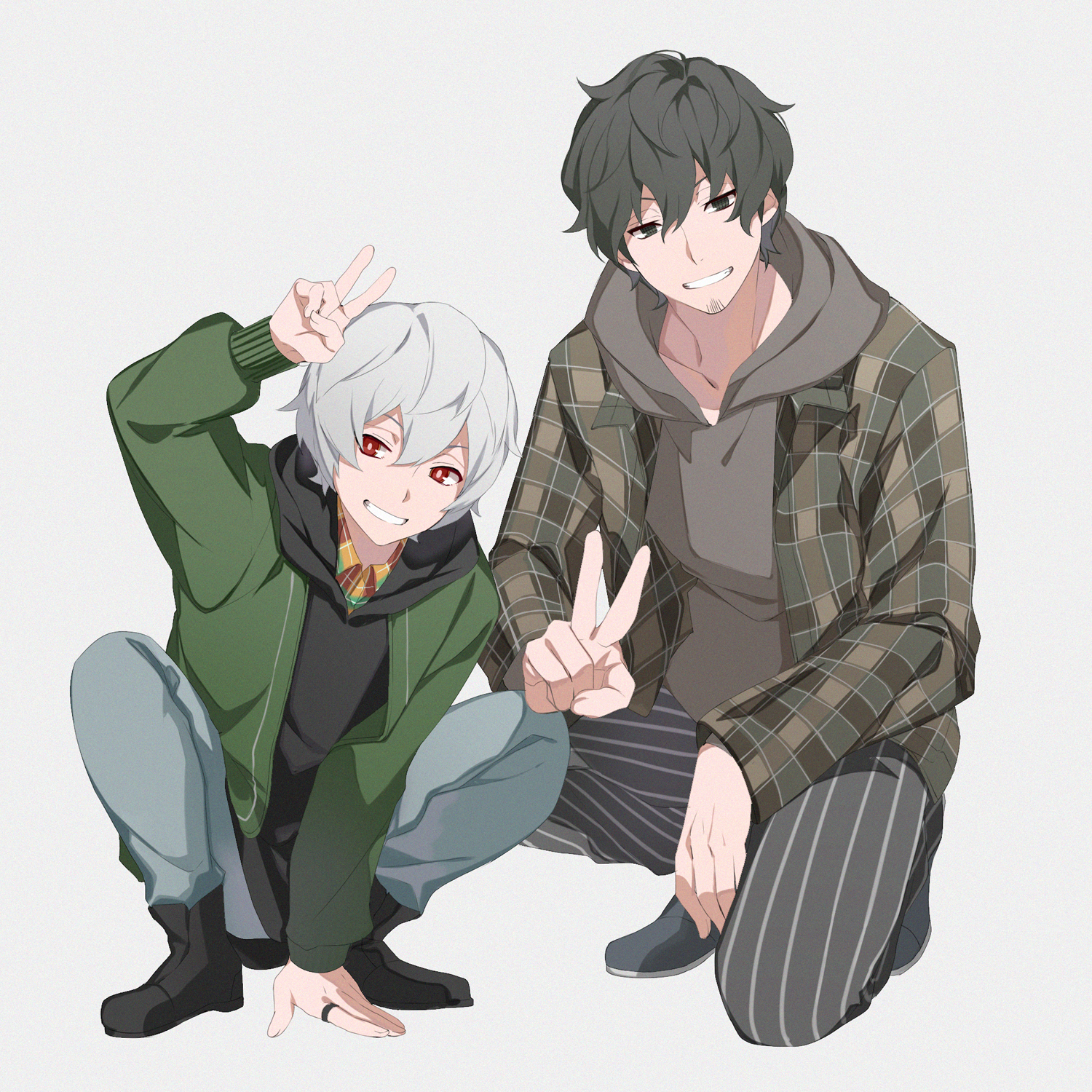 yawai tofu, kuga yuuma, tachikawa kei, world trigger, highres, 2boys, facial hair, goatee, hand on ground, kneeling, multiple boys, red eyes, smile, squatting, v, white background, white hair