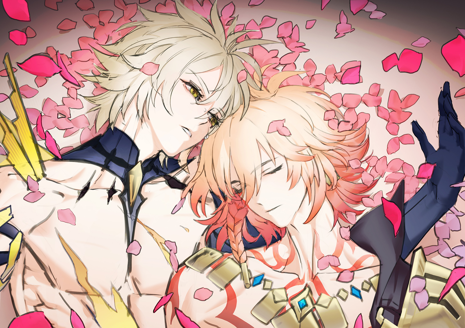 mydei (honkai: star rail), phainon (honkai: star rail), phainon (khaslana) (honkai: star rail), honkai: star rail, honkai (series), commentary request, highres, korean commentary, 2boys, alternate form, arm tattoo, armor, black coat, blonde hair, braid, chest tattoo, coat, cracked skin, crying, crying with eyes open, earrings, facial tattoo, falling petals, fiercepenguin 0, gold earrings, gold necklace, gradient hair, jewelry, male focus, material growth, medium hair, multicolored hair, multiple boys, necklace, open clothes, open coat, pauldrons, petals, red hair, red tattoo, shoulder armor, side braid, single pauldron, tattoo, tears, toned, toned male, yaoi, yellow eyes