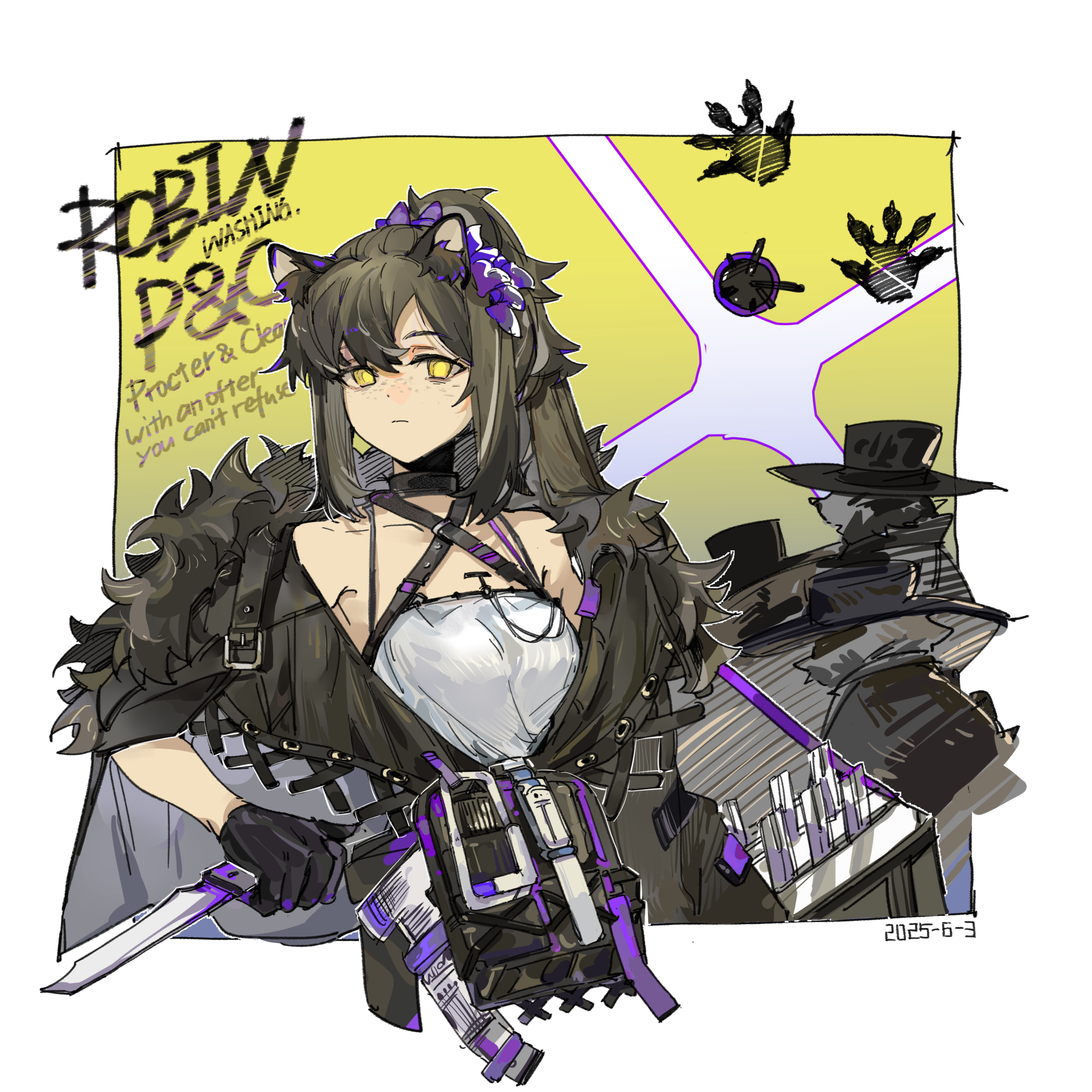 yugoodoggie, robin (arknights), robin (gift of wild) (arknights), arknights, absurdres, chinese commentary, commentary request, highres, 1girl, animal ear fluff, animal ears, black hair, black jacket, border, closed mouth, dated, english text, freckles, holding, holding knife, holding weapon, jacket, knife, long hair, looking at viewer, official alternate costume, outside border, shirt, strap, weapon, white border, white shirt, yellow eyes