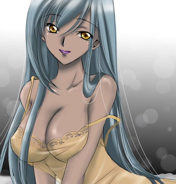 sinko (sinsin), villetta nu, villetta nu (amnesia), code geass, 00s, 1girl, blue hair, breasts, cleavage, dark-skinned female, dark skin, female focus, large breasts, lingerie, lipstick, long hair, makeup, nightgown, off shoulder, shirt, smile, solo, strap slip, taut clothes, taut shirt, underwear, yellow eyes