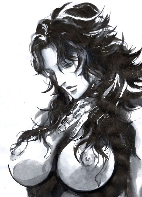 mamiya (hokuto no ken), hokuto no ken, breasts, greyscale, large breasts, monochrome, nipples, solo, topless female