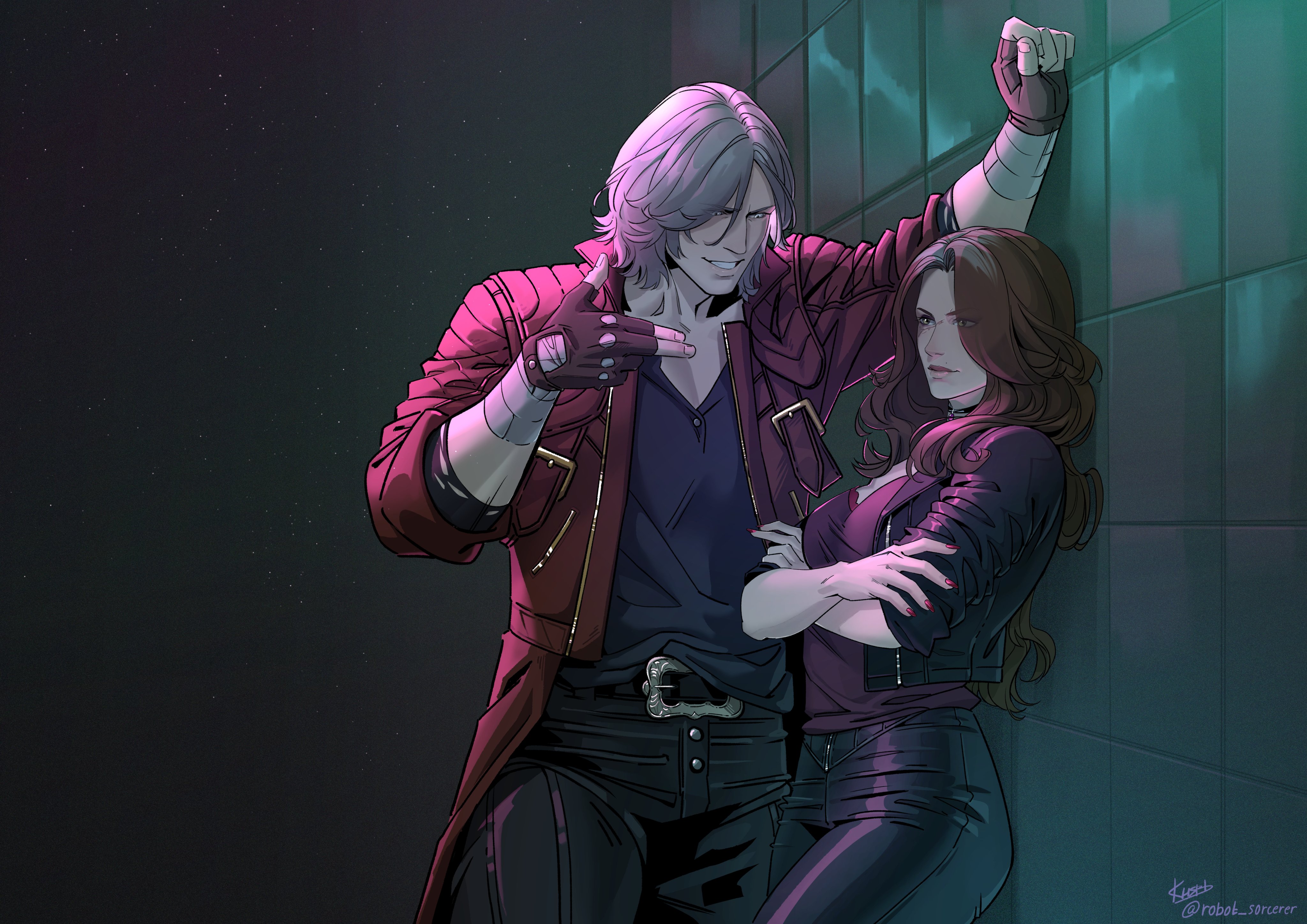 robot sorcerer, dante (devil may cry), devil may cry (series), devil may cry 5, original, absurdres, highres, second-party source, 1boy, 1girl, aurulin13, black gloves, blue eyes, coat, fingerless gloves, gloves, jacket, long hair, oc x canon, red coat, shirt, smile, white hair