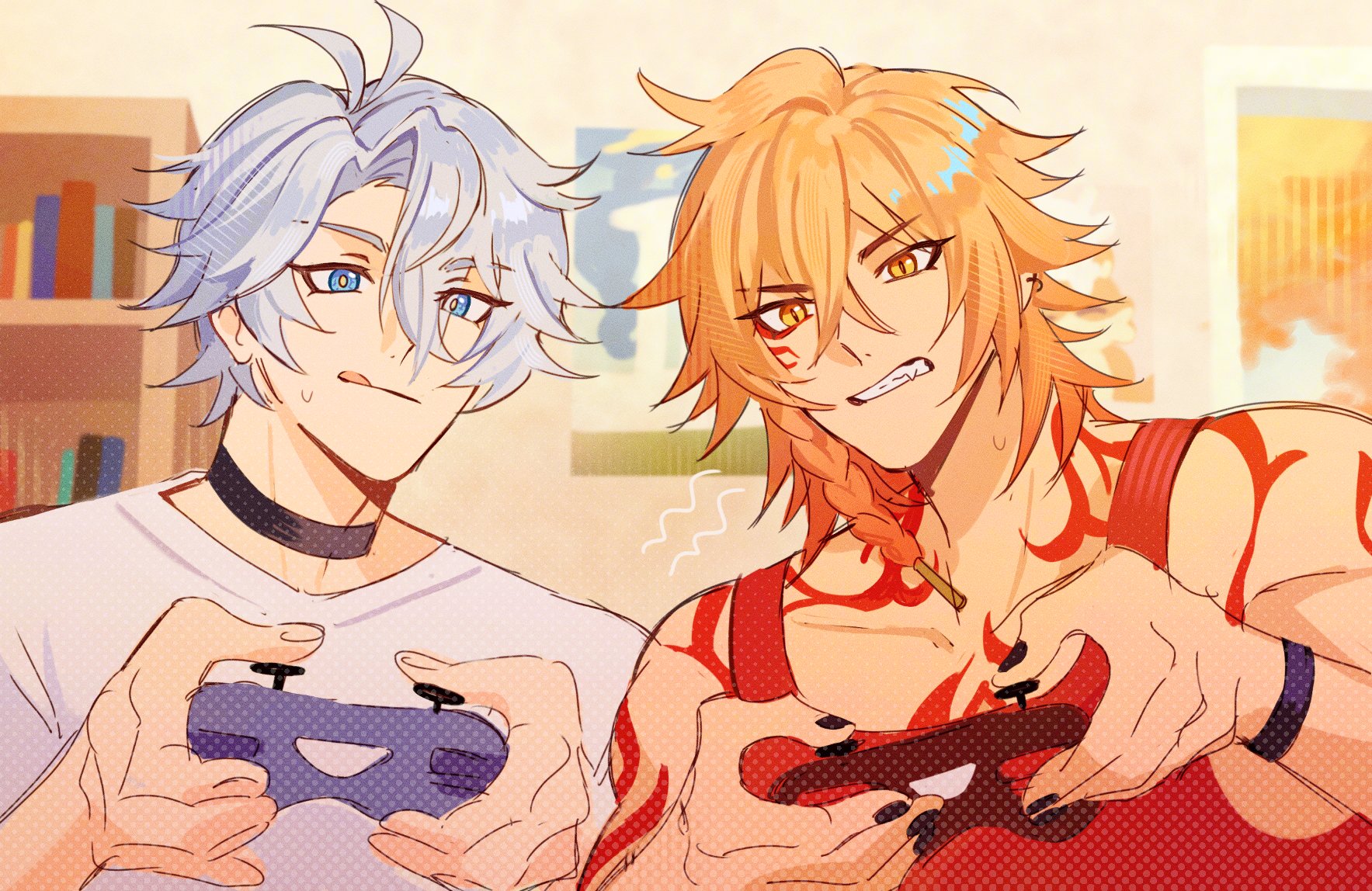 dadadabibadum, mydei (honkai: star rail), phainon (honkai: star rail), honkai: star rail, honkai (series), commentary, english commentary, highres, 2boys, antenna hair, arm tattoo, black choker, blonde hair, blue eyes, braid, chest tattoo, choker, clenched teeth, controller, facial tattoo, game controller, gradient hair, holding, holding controller, holding game controller, male focus, medium hair, multicolored hair, multiple boys, parted bangs, playing games, red hair, red shirt, red tattoo, shirt, short hair, side braid, tattoo, teeth, tongue, tongue out, white hair, yellow eyes