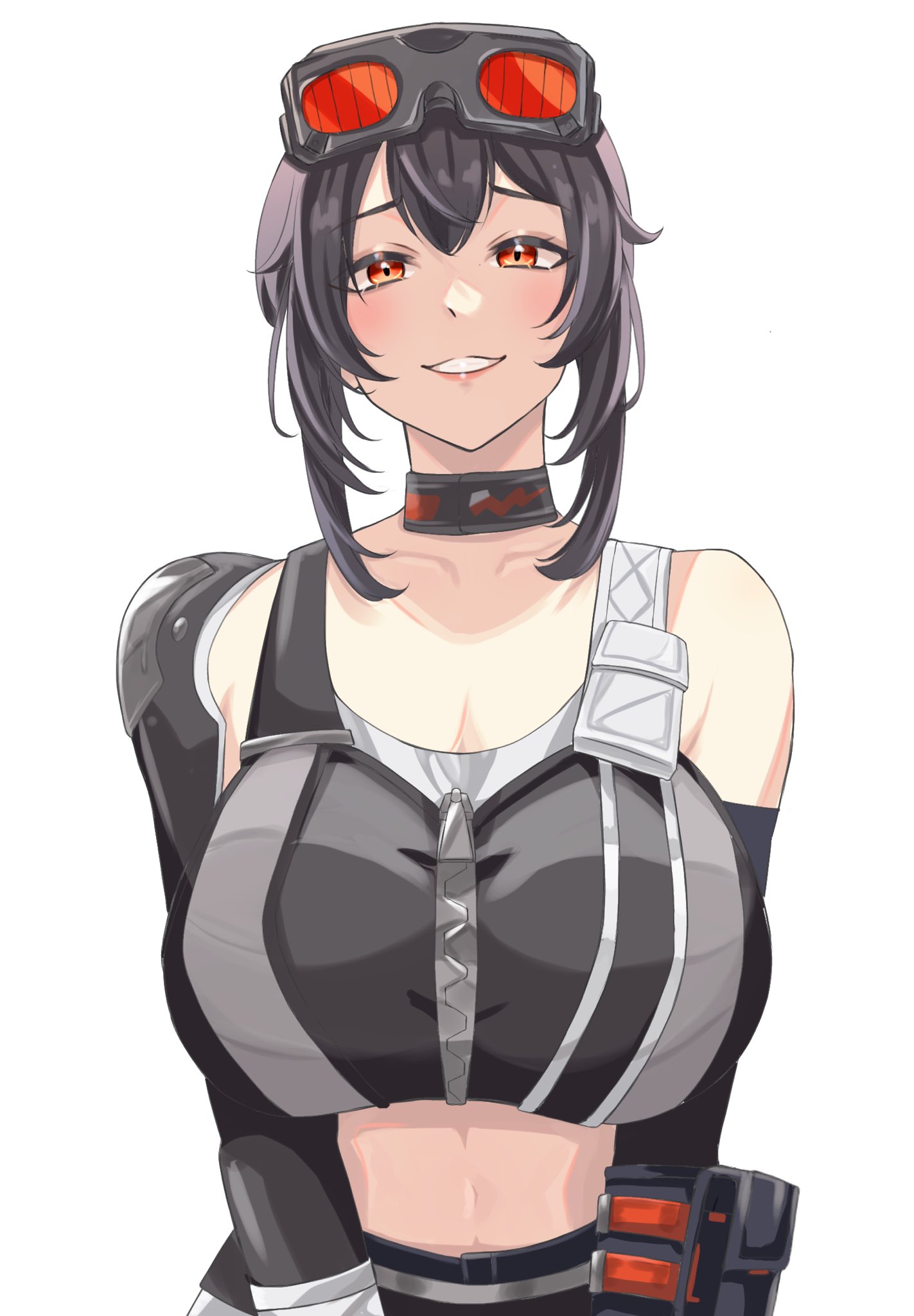 ayahabihabi, grace howard, zenless zone zero, highres, 1girl, black choker, black hair, blush, breasts, choker, collarbone, crop top, goggles, goggles on head, grey background, large breasts, medium hair, simple background, smile, solo, sports bra, stomach, teeth, upper body, zipper