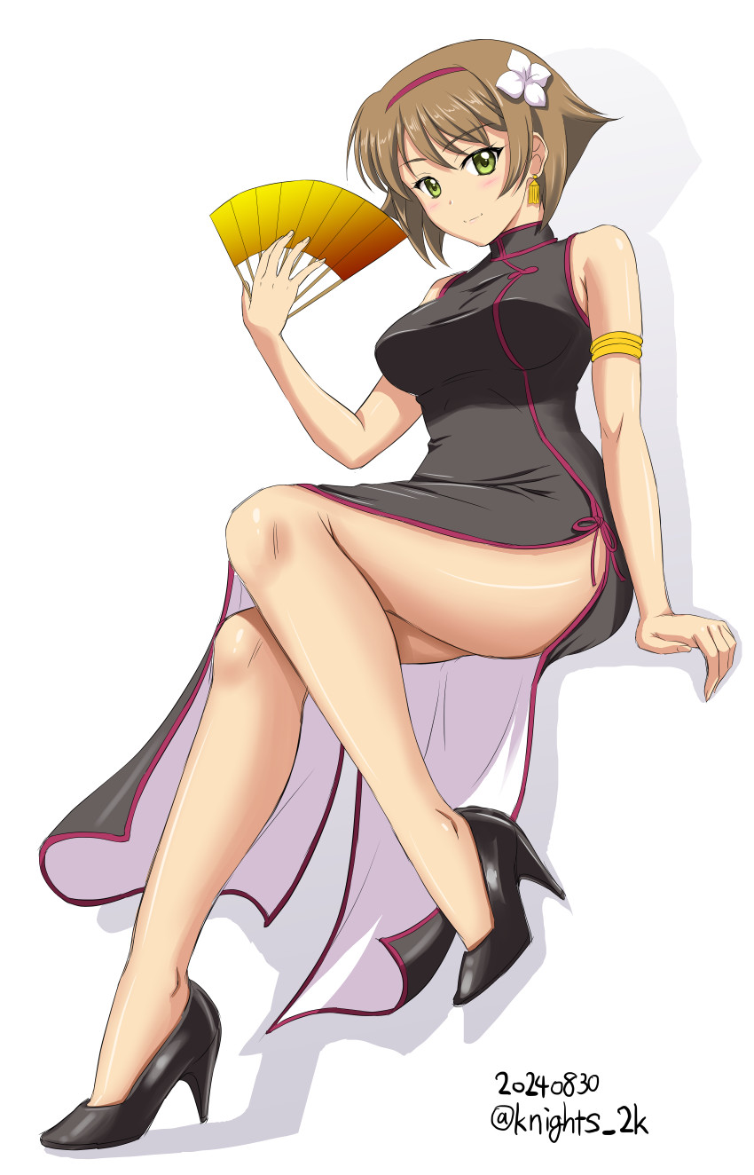 kishi nisen, mutsu (kancolle), kantai collection, highres, 1girl, arm at side, arm support, bare shoulders, black dress, black shoes, breasts, china dress, chinese clothes, dated, dress, earrings, flower, full body, green eyes, hair flower, hair ornament, hairband, hand fan, high heels, holding, holding fan, invisible chair, jewelry, knee up, legs, looking at viewer, medium breasts, medium hair, no socks, red hairband, shadow, shoes, side slit, simple background, single bare arm, sitting, sleeveless, sleeveless dress, smile, solo, tassel, tassel earrings, thighs, twitter username, v-shaped eyebrows, white background, white flower