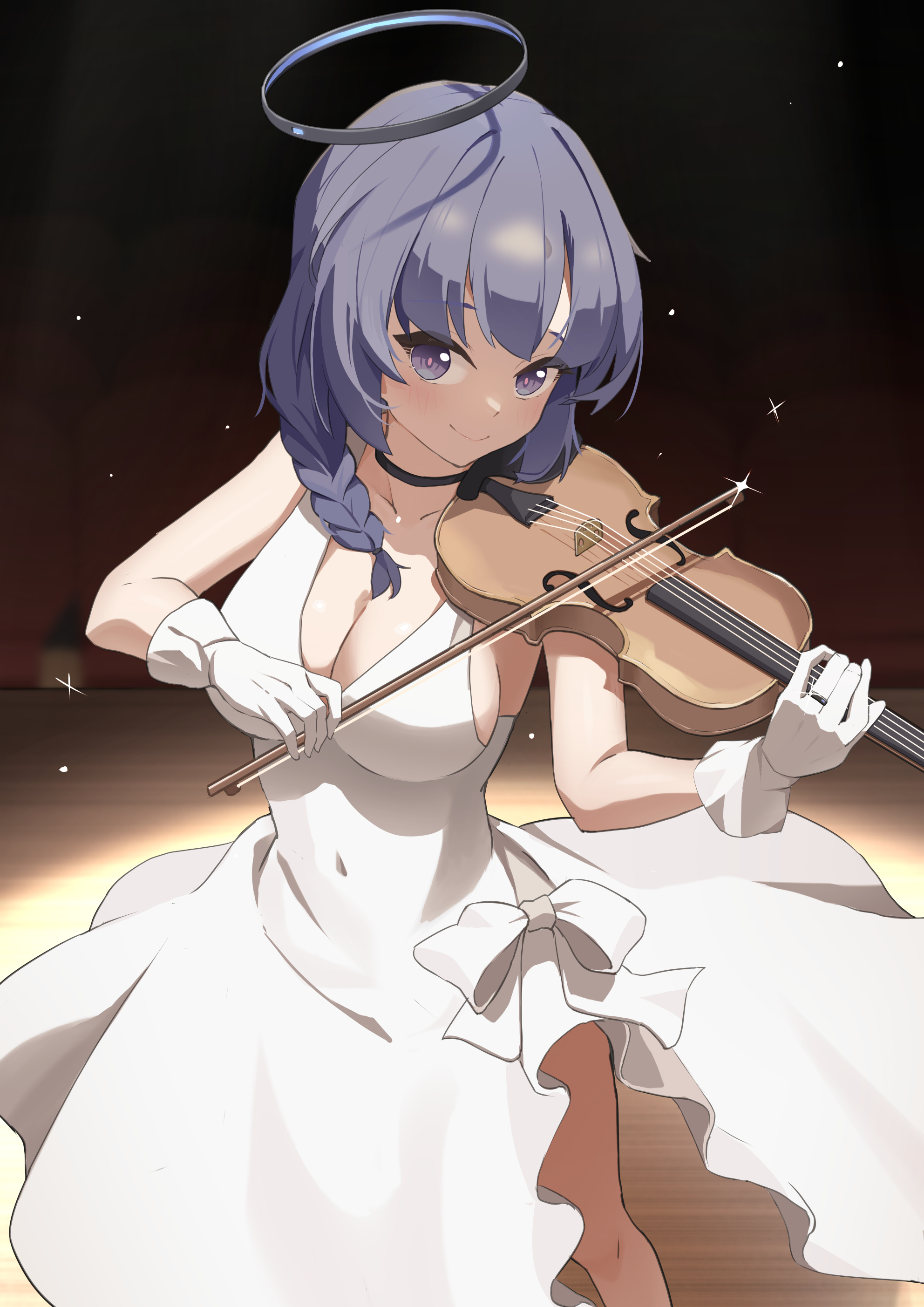 hoshi kitsune, yuuka (blue archive), blue archive, absurdres, commentary request, highres, 1girl, alternate costume, alternate hairstyle, black choker, black halo, bow, bow (music), braid, breasts, choker, cleavage, covered navel, dark background, dress, dress bow, gloves, halo, holding, holding bow (music), holding instrument, holding violin, indoors, instrument, light particles, looking at viewer, mechanical halo, music, playing instrument, purple eyes, purple hair, side braid, sideboob, smile, solo, stage lights, violin, white bow, white dress, white gloves, wooden floor