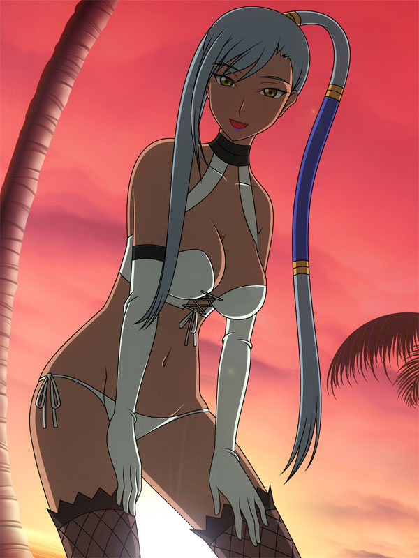 ito hajime, villetta nu, code geass, bad id, bad pixiv id, 00s, 1girl, beach, bikini, choker, dark-skinned female, dark skin, elbow gloves, female focus, gloves, lingerie, looking at viewer, lowleg, lowleg panties, panties, side-tie panties, smile, solo, swimsuit, thighhighs, underwear