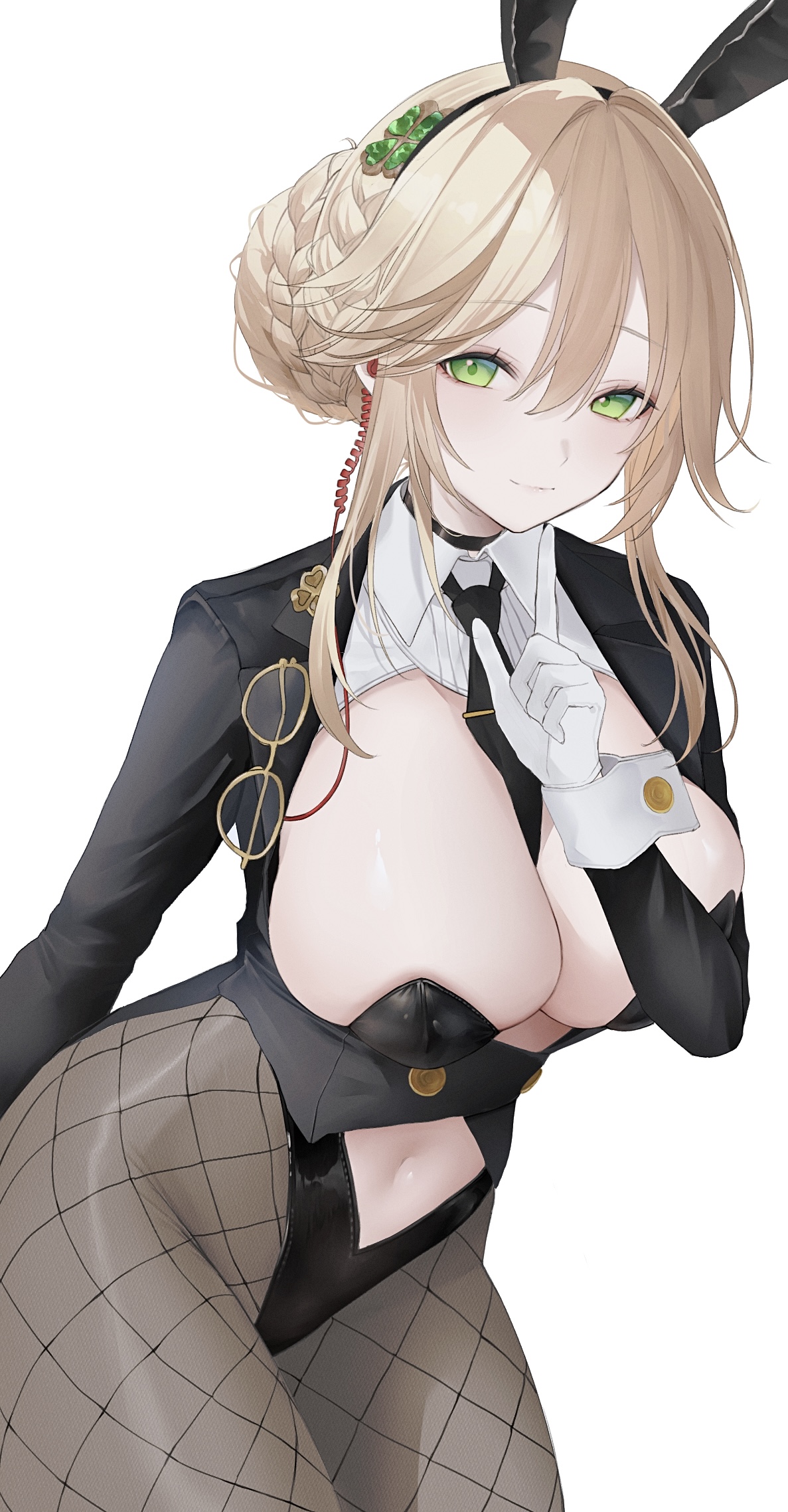 wata owo, ade (agent bunny) (nikke), ade (nikke), goddess of victory: nikke, highres, 1girl, animal ears, arm behind back, between breasts, black choker, black hairband, black jacket, black leotard, black necktie, blonde hair, breasts, brown pantyhose, bun with braided base, choker, closed mouth, clothing cutout, clover hair ornament, cowboy shot, earpiece, eyewear hang, fake animal ears, finger to own chin, fishnet pantyhose, fishnets, four-leaf clover hair ornament, glasses, gloves, green eyes, hair between eyes, hair bun, hair ornament, hairband, hand up, highleg, highleg leotard, jacket, large breasts, leaning forward, leotard, light smile, long sleeves, looking at viewer, navel, necktie, necktie between breasts, official alternate costume, pantyhose, playboy bunny, rabbit ears, short hair with long locks, sidelocks, simple background, single hair bun, solo, standing, stomach cutout, strapless, strapless leotard, unworn eyewear, white background, white gloves, wing collar, yellow-framed eyewear