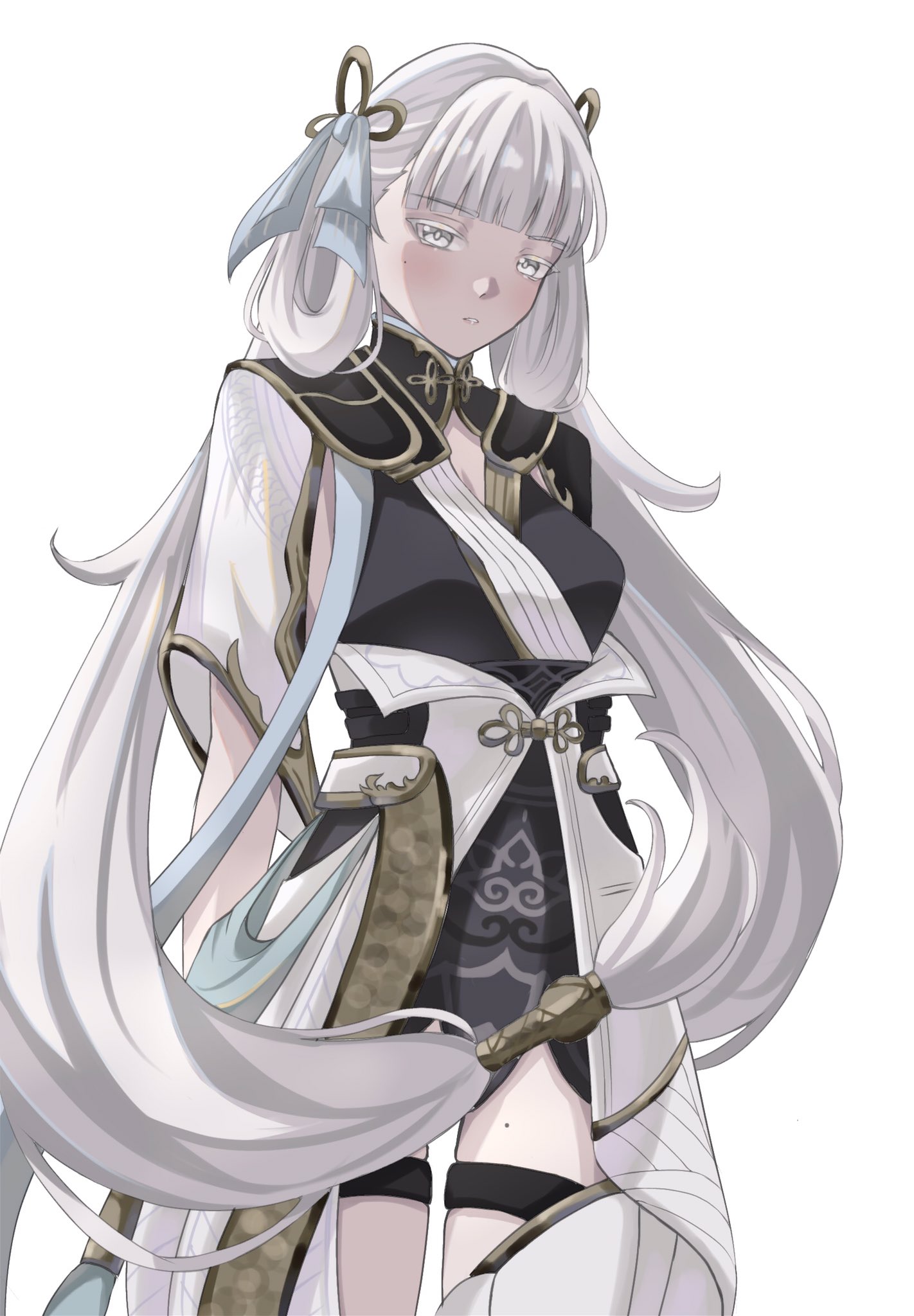 ayahabihabi, jinhsi (wuthering waves), wuthering waves, highres, 1girl, black collar, black dress, blush, bow, breasts, bright pupils, closed mouth, collar, colored eyelashes, dress, hair bow, hair rings, jewelry, long hair, looking at viewer, low twintails, medium breasts, mole, mole on cheek, mole on thigh, multiple hair bows, solo, thighs, twintails, white bow, white eyelashes, white eyes, white pupils