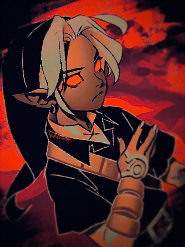 bellhenge, dark link, nintendo, the legend of zelda, the legend of zelda: ocarina of time, the legend of zelda: tears of the kingdom, 1boy, blonde hair, colored skin, earrings, gloves, hat, holding, jewelry, male focus, pointy ears, red eyes, solo, tunic, white hair