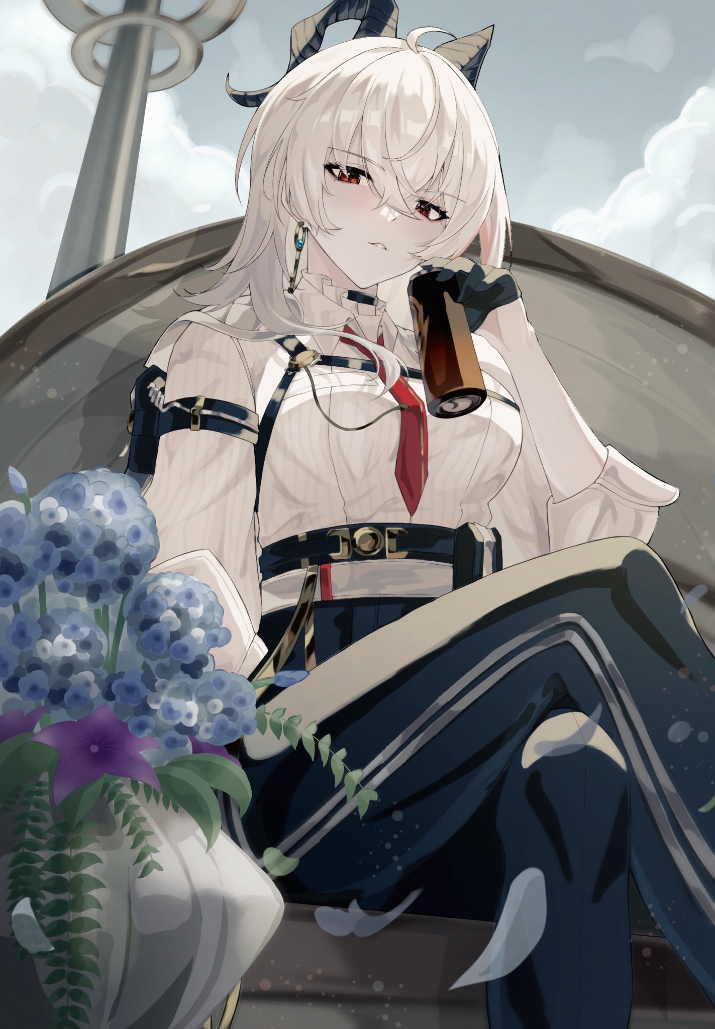 ayahabihabi, zani (wuthering waves), wuthering waves, highres, 1girl, ahoge, black choker, black gloves, black horns, black pants, breasts, can, chest harness, choker, collared shirt, crossed legs, curled horns, drink can, earrings, falling petals, flower, gloves, grey hair, hair between eyes, harness, high-waist pants, horns, jewelry, key earrings, large breasts, long hair, looking at viewer, mole, mole under eye, necktie, outdoors, pants, parted lips, petals, red eyes, red necktie, shirt, shirt tucked in, sitting, solo, white shirt