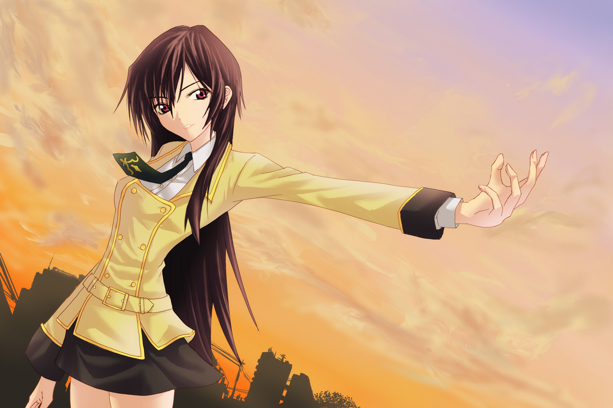 kaeru314, kaeru (kaerism), lelouch vi britannia, luluko, code geass, gender request, 00s, 1girl, belt, brown hair, female focus, genderswap, long hair, necktie, outdoors, outstretched hand, red eyes, school uniform, serafuku, skirt, solo, sunset