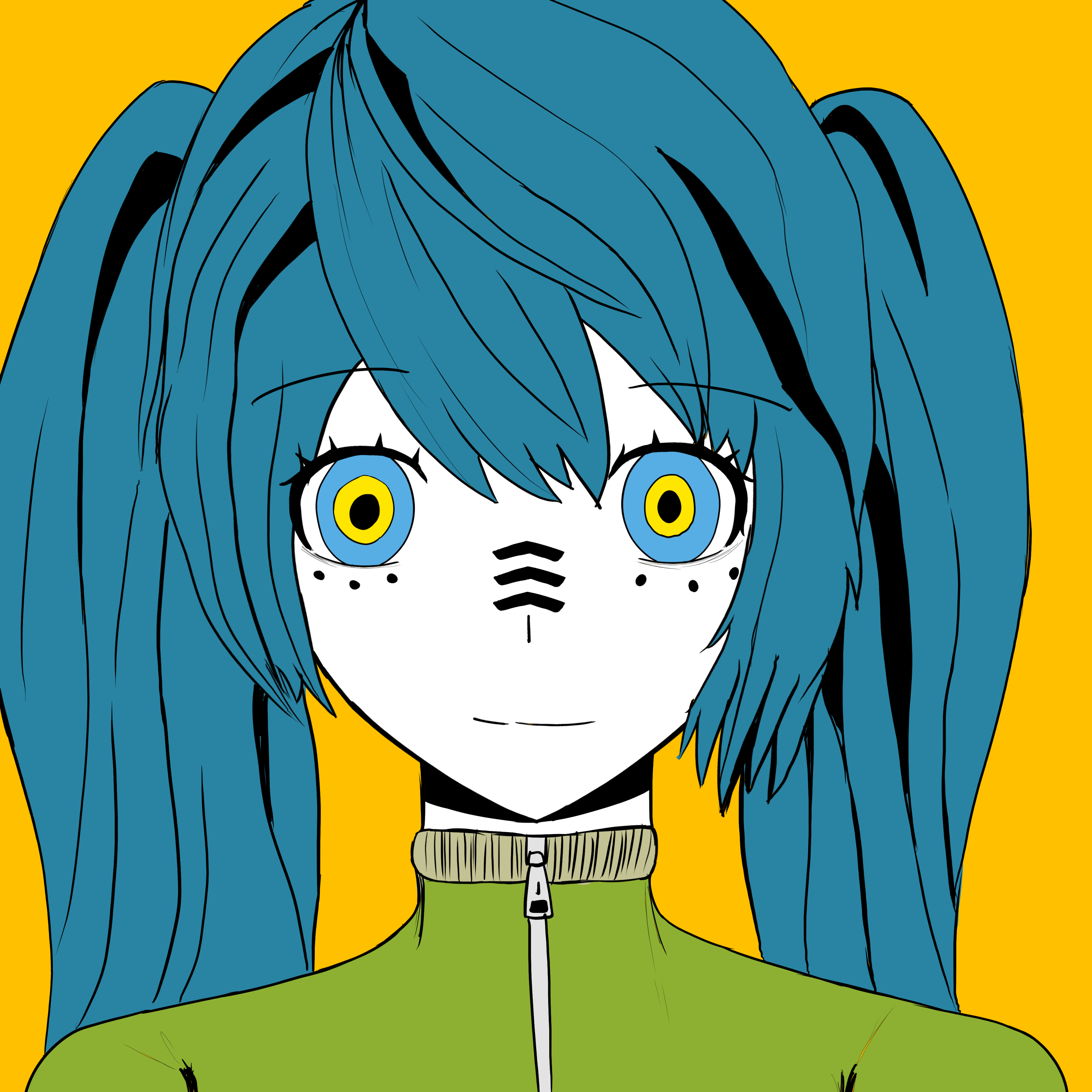 hatsune miku, matryoshka (vocaloid), vocaloid, absurdres, highres, 1girl, aqua hair, blue hair, hood, jacket, long hair, looking at viewer, multicolored eyes, smile, solo, twintails, user kske5885, very long hair, yellow background