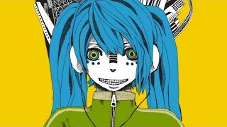 hatsune miku, matryoshka (vocaloid), vocaloid, lowres, 1girl, aqua hair, blue hair, hood, jacket, long hair, looking at viewer, multicolored eyes, smile, solo, twintails, user kske5885, very long hair, yellow background