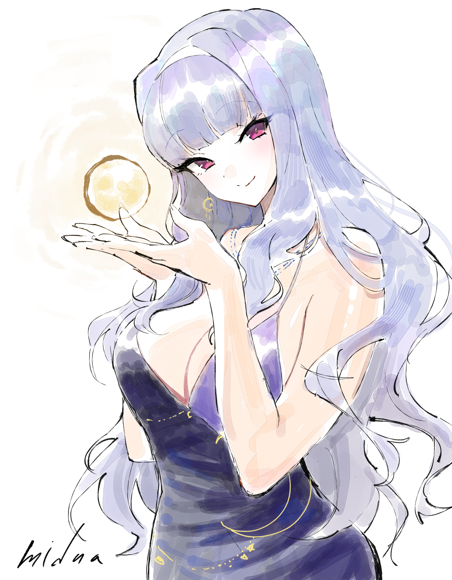 midnamana, shijou takane, idolmaster, idolmaster (classic), idolmaster million live!, commentary, highres, symbol-only commentary, 1girl, artist name, blunt bangs, breasts, cleavage, crescent, crescent earrings, dress, earrings, evening gown, grey hair, jewelry, large breasts, long hair, looking at viewer, pink eyes, purple dress, signature, simple background, sleeveless, sleeveless dress, smile, solo, very long hair, white background