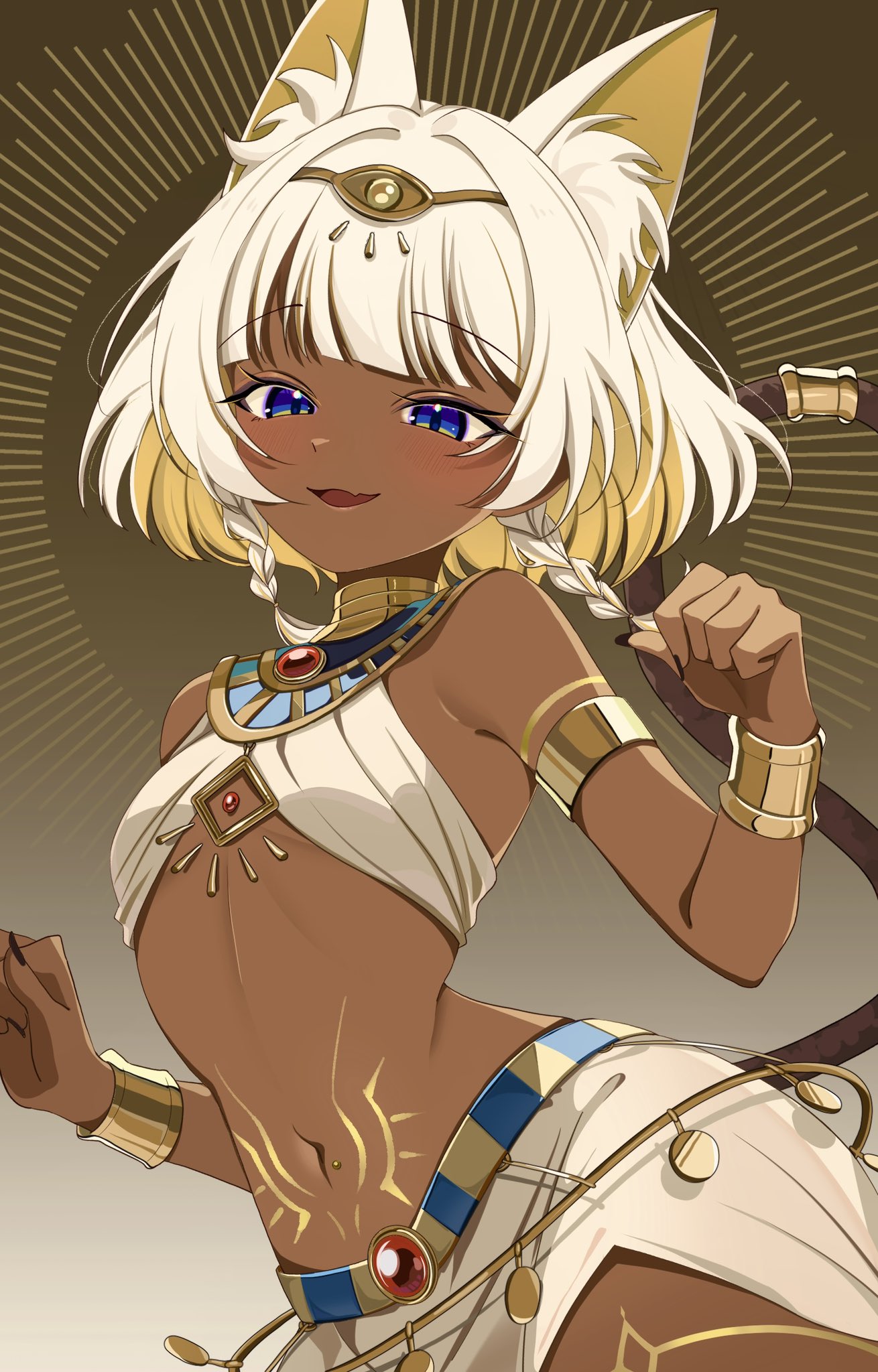 kano3, original, gold armlet, highres, 1girl, :d, animal ears, belt, blonde hair, blue eyes, bra, bracelet, brown background, cat ears, cat girl, cat tail, colored inner hair, dark-skinned female, dark skin, fang, gem, gold bracelet, gold hairband, gold tattoo, gradient background, grey background, hairband, halo, halo behind head, if you want to become a godly artist (trend), jewelry, looking at viewer, multicolored hair, navel, open mouth, red gemstone, short hair, skin fang, skirt, smile, stomach, tail, tail ornament, tail ring, two-tone hair, underwear, usekh collar, white bra, white hair, white skirt